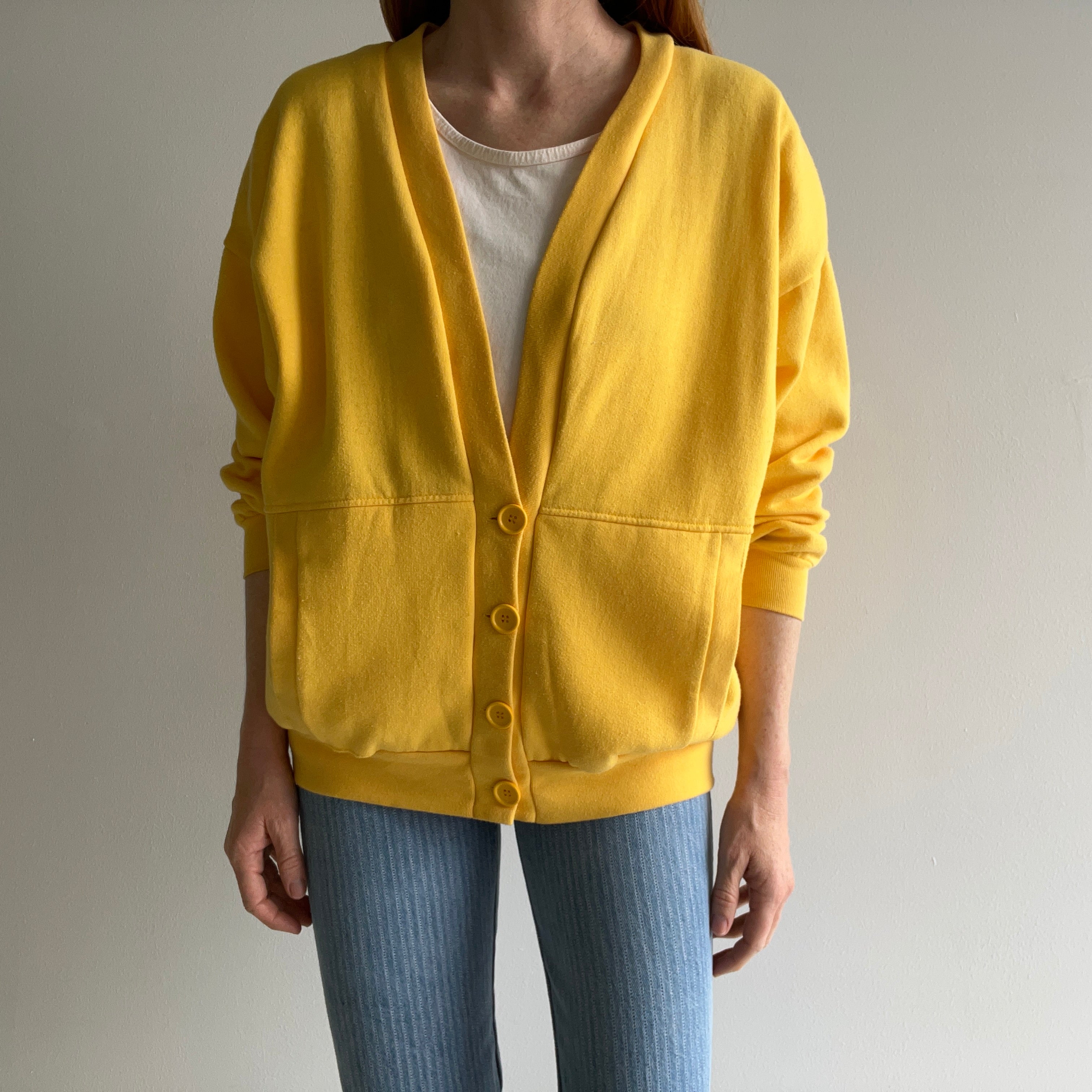 1980s French's Mustard Yellow Sweatshirt Cardigan with Shoulder Pads