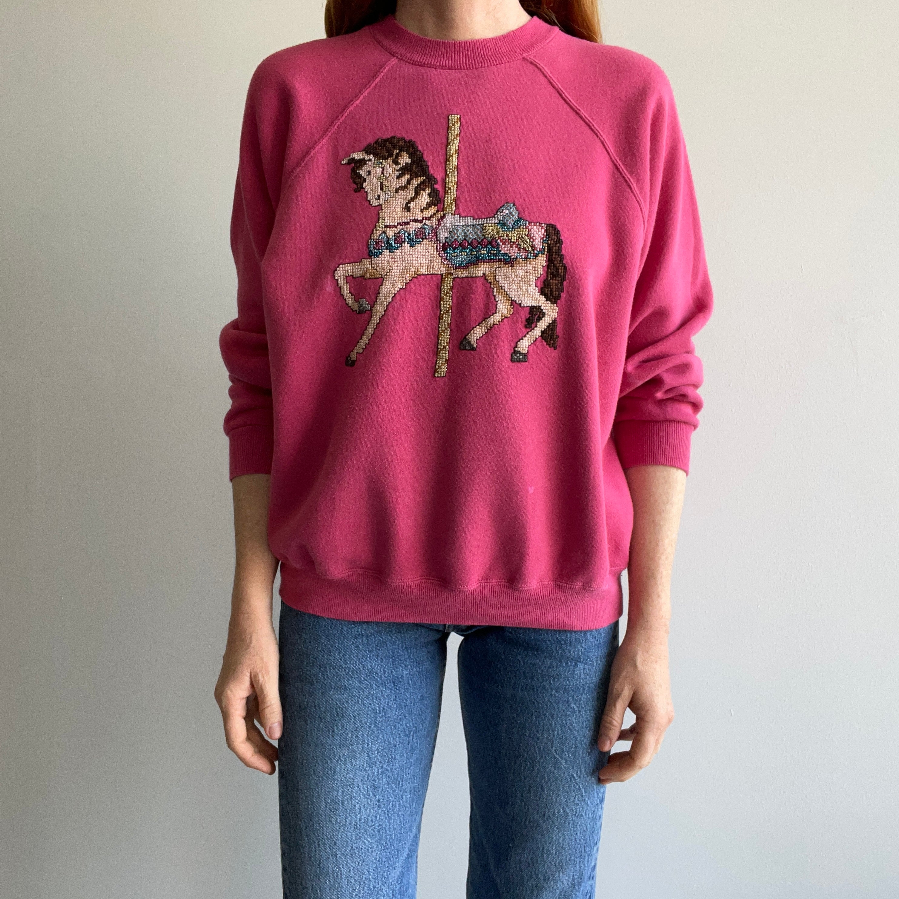 1980s DIY Needlepoint Carousel Horse Sweatshirt - OH, WOW