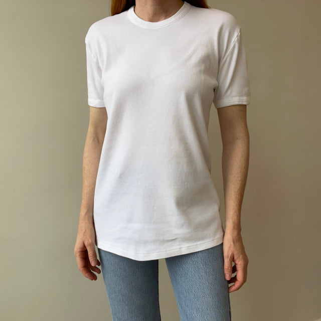 1990/2000 Medium Weight Rolled Neck Knit Blank White Ring T-Shirt