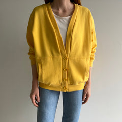 1980s French's Mustard Yellow Sweatshirt Cardigan with Shoulder Pads