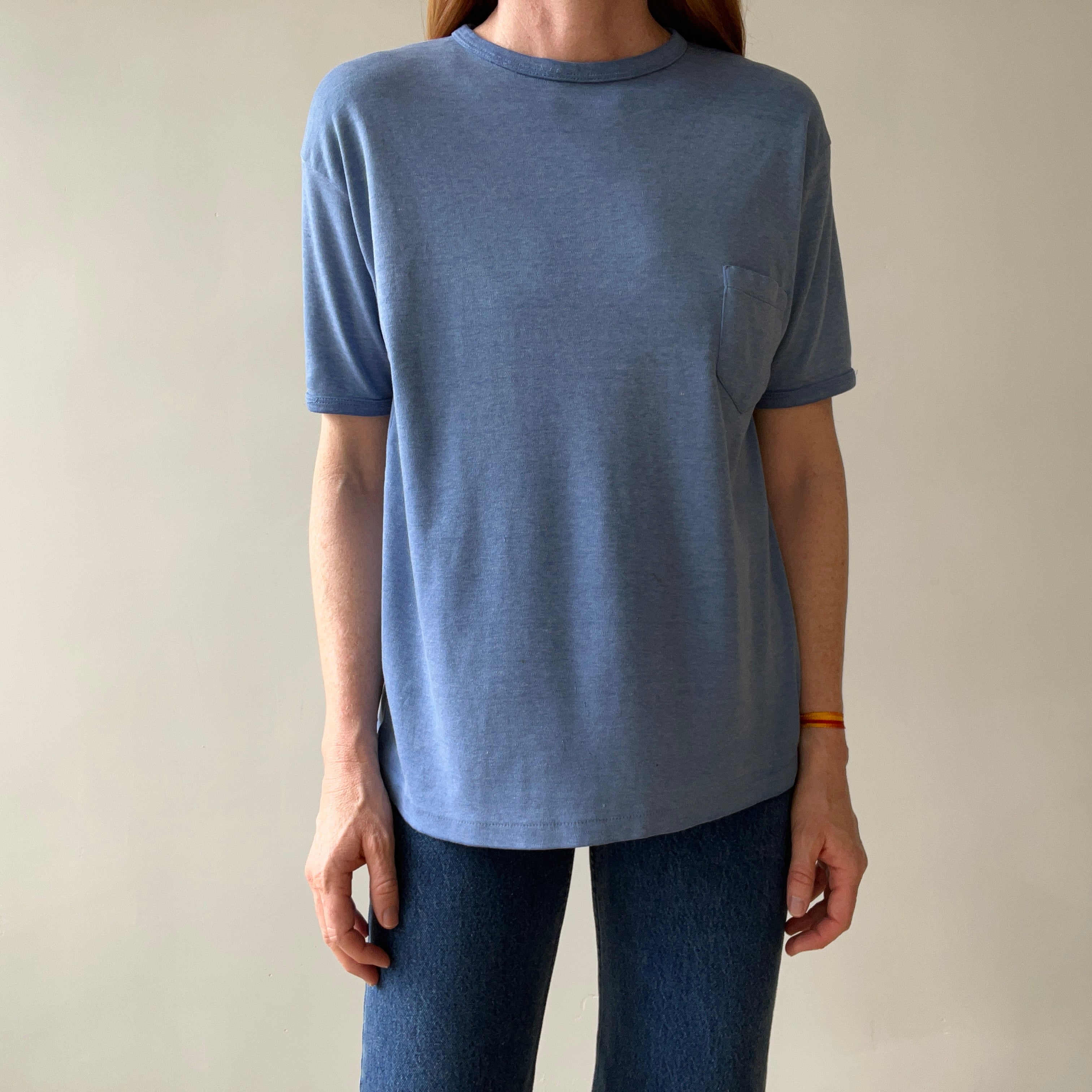 1970s Blank Faded Blue Pocket Ringer T Shirt - Cotton Knit