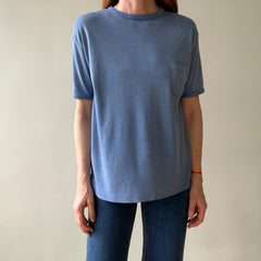 1970s Blank Faded Blue Pocket Ringer T Shirt - Cotton Knit