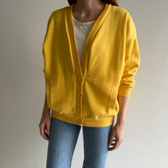 1980s French's Mustard Yellow Sweatshirt Cardigan with Shoulder Pads