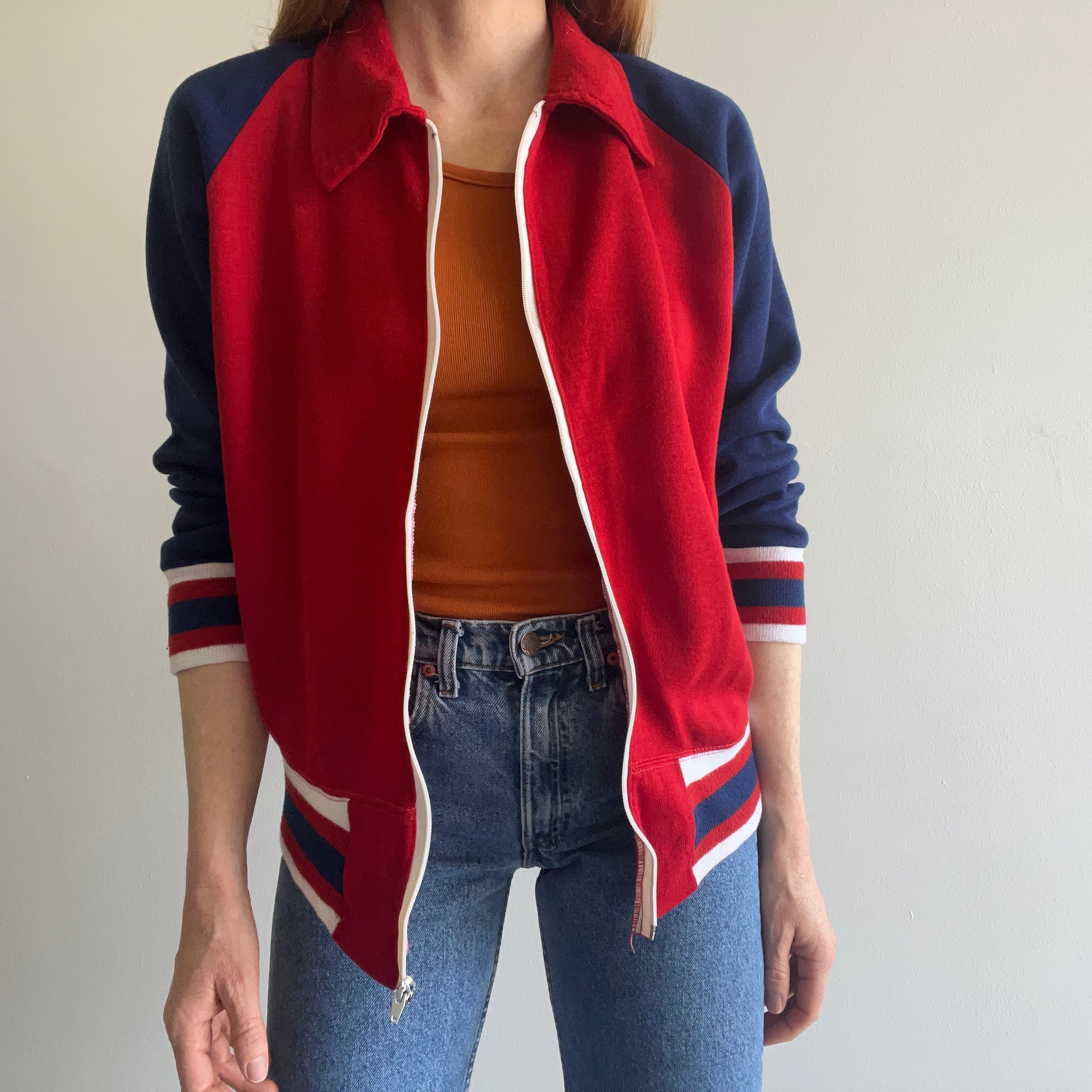 1970s Color Block Zip Up Collared Sweatshirt - WOAH