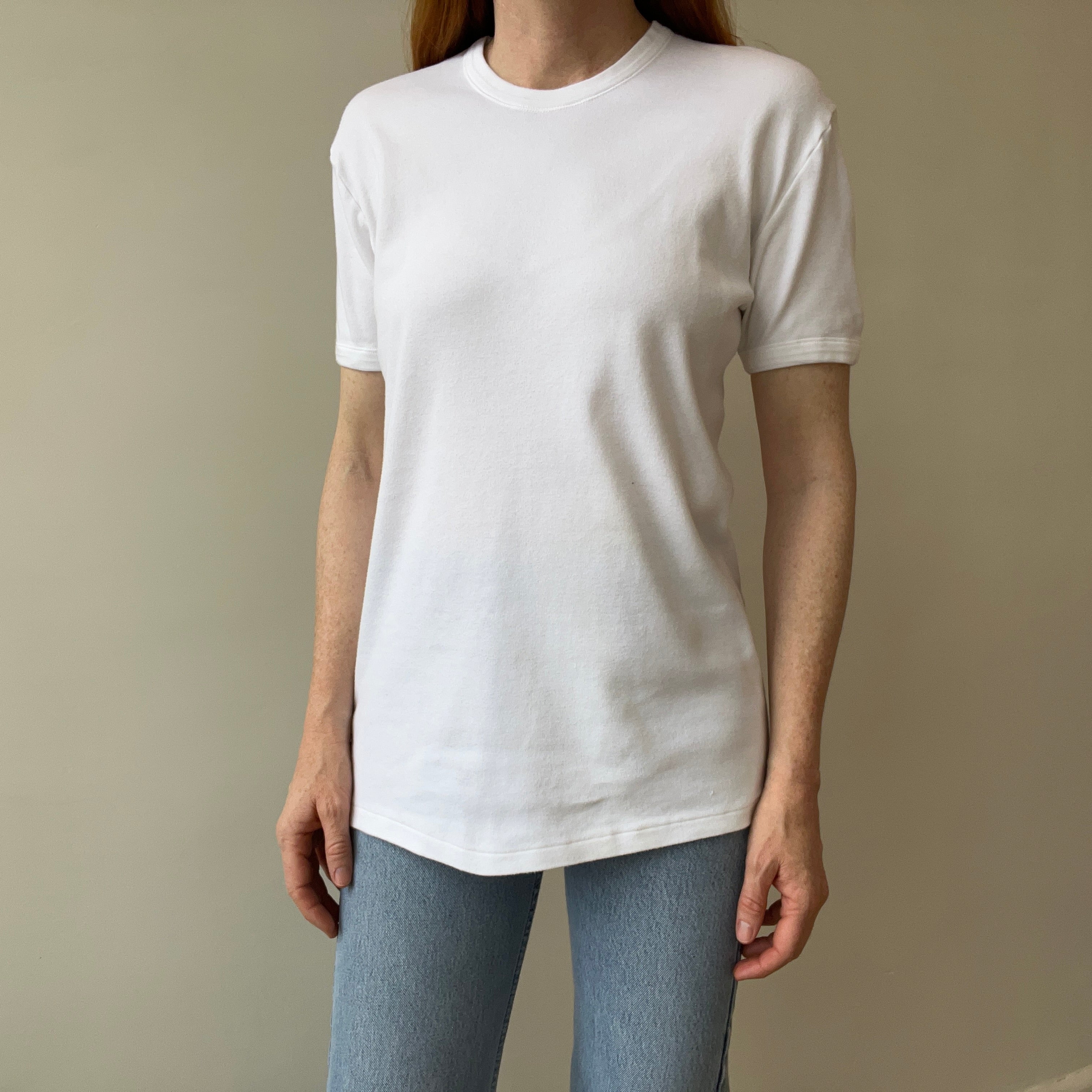 1990/2000 Medium Weight Rolled Neck Knit Blank White Ring T-Shirt