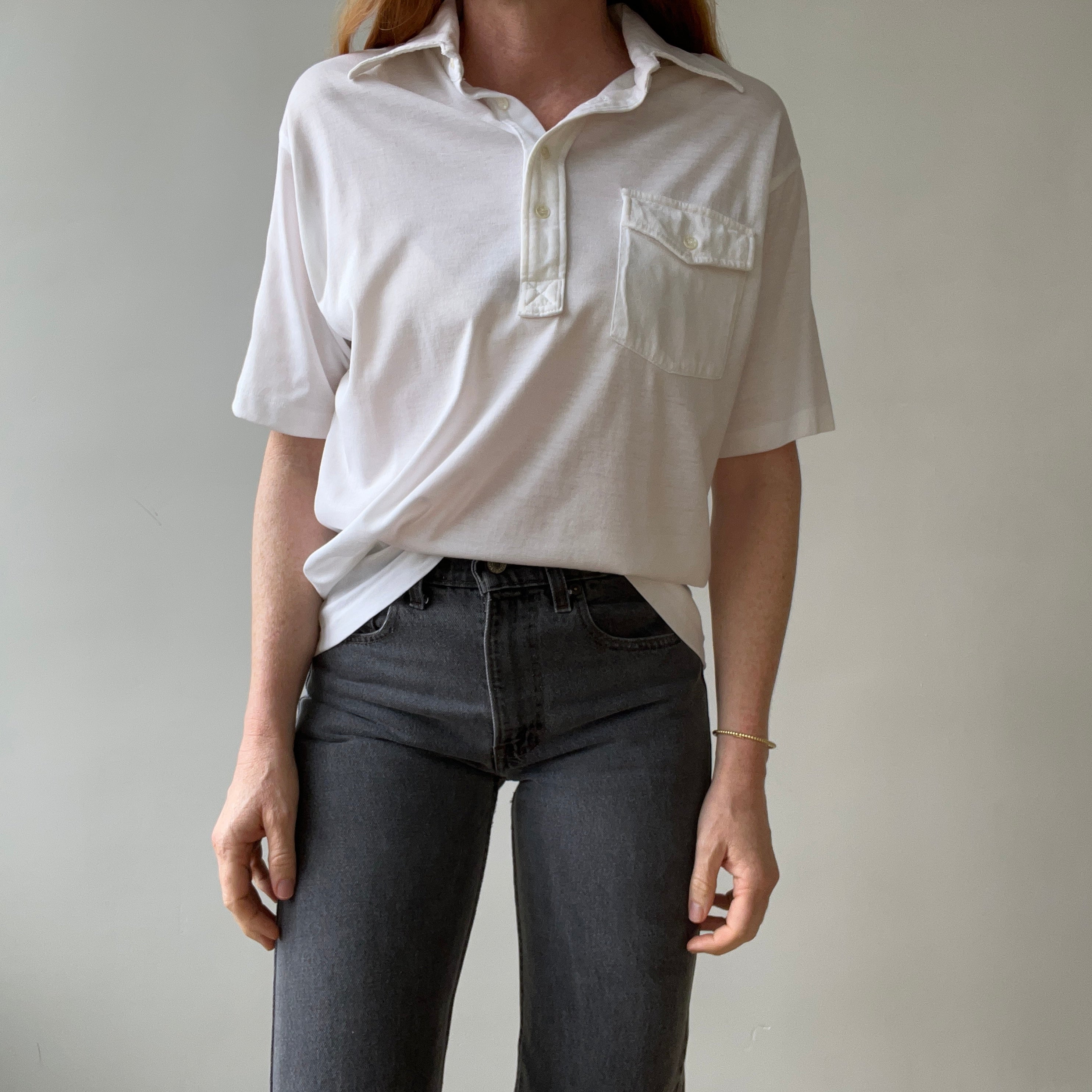 1970s Blank White Polo Style Pocket T Shirt - 70s Dad Chic