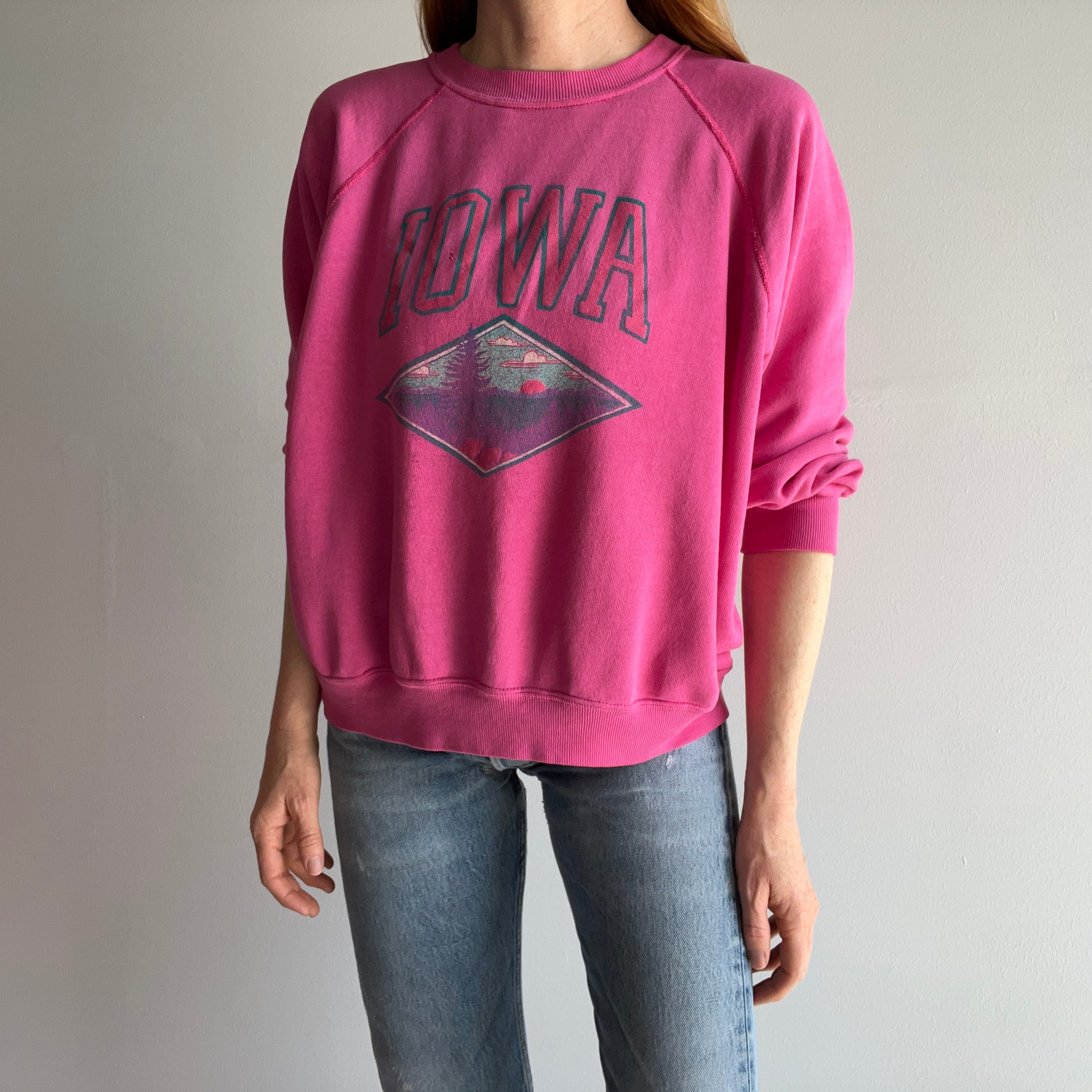 1980s Super Soft, Thin and Slouchy Pink Iowa Sweatshirt