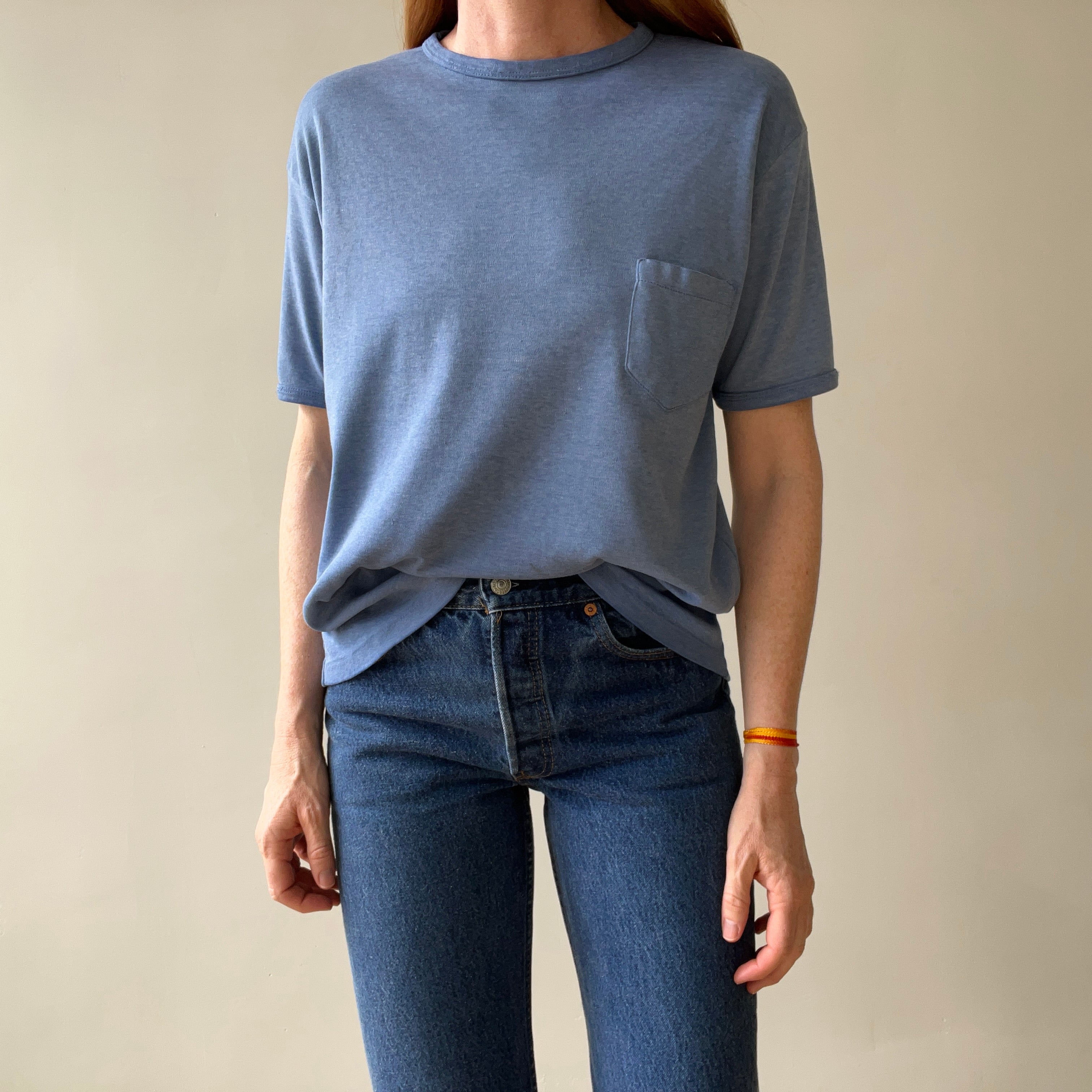 1970s Blank Faded Blue Pocket Ringer T Shirt - Cotton Knit