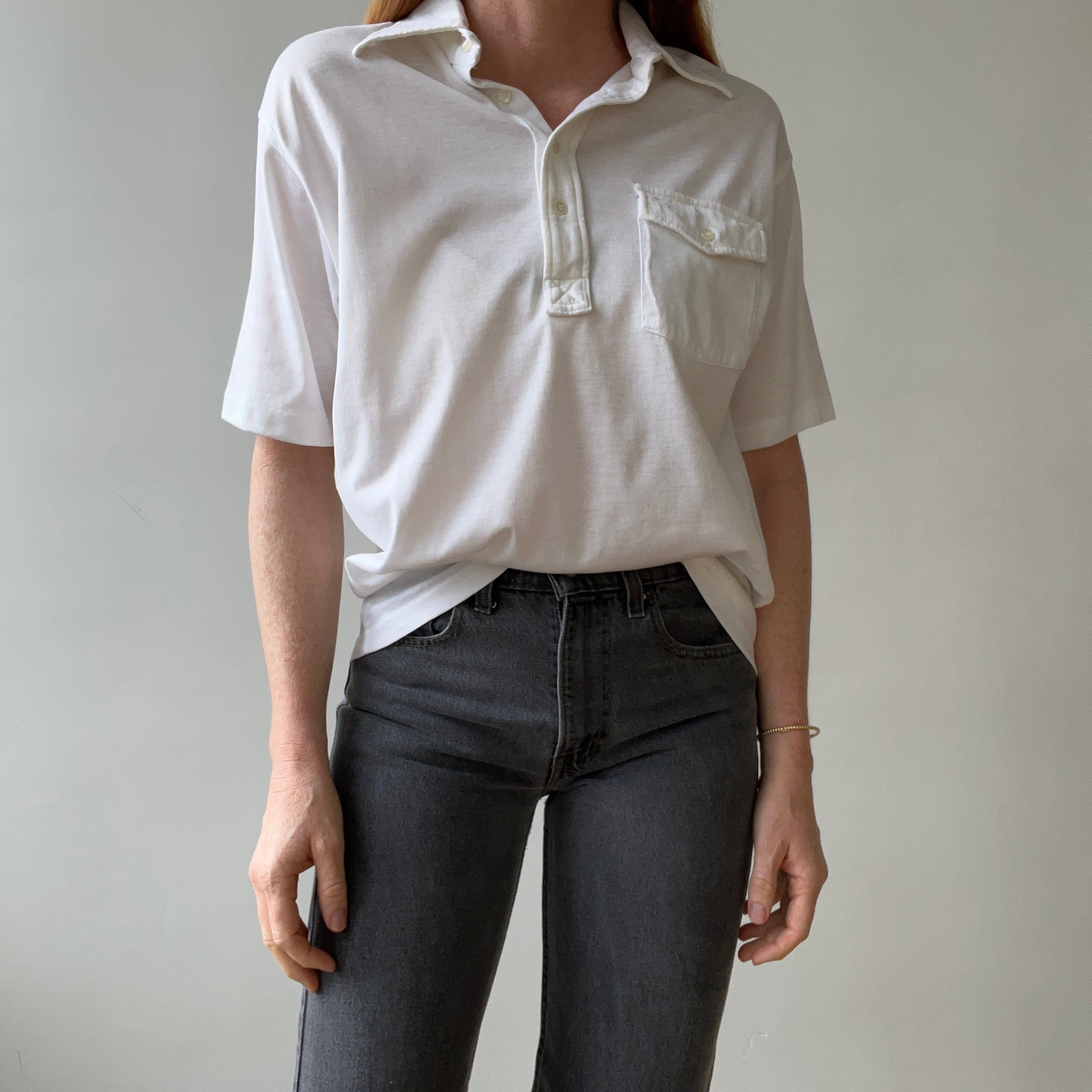 1970s Blank White Polo Style Pocket T Shirt - 70s Dad Chic