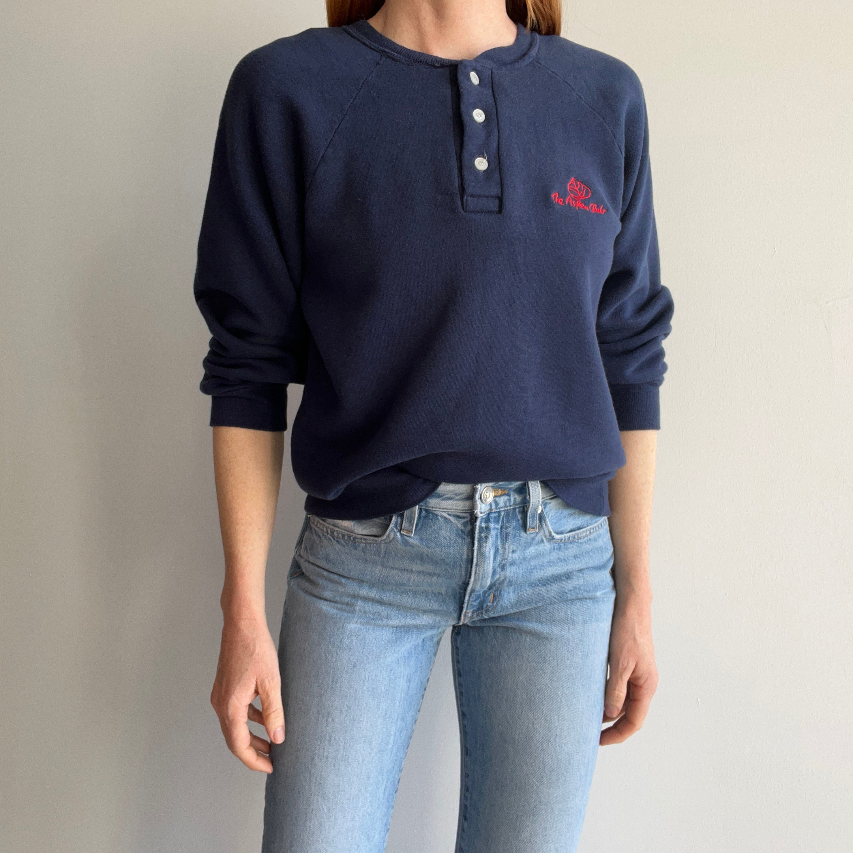 1980s Aspen Club Henley Sweatshirt by Champion Brand (USA Made)
