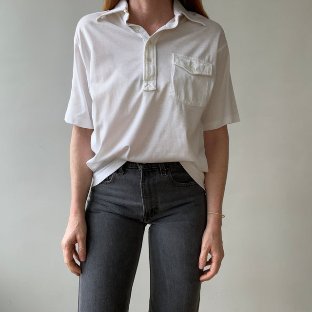 1970s Blank White Polo Style Pocket T Shirt - 70s Dad Chic