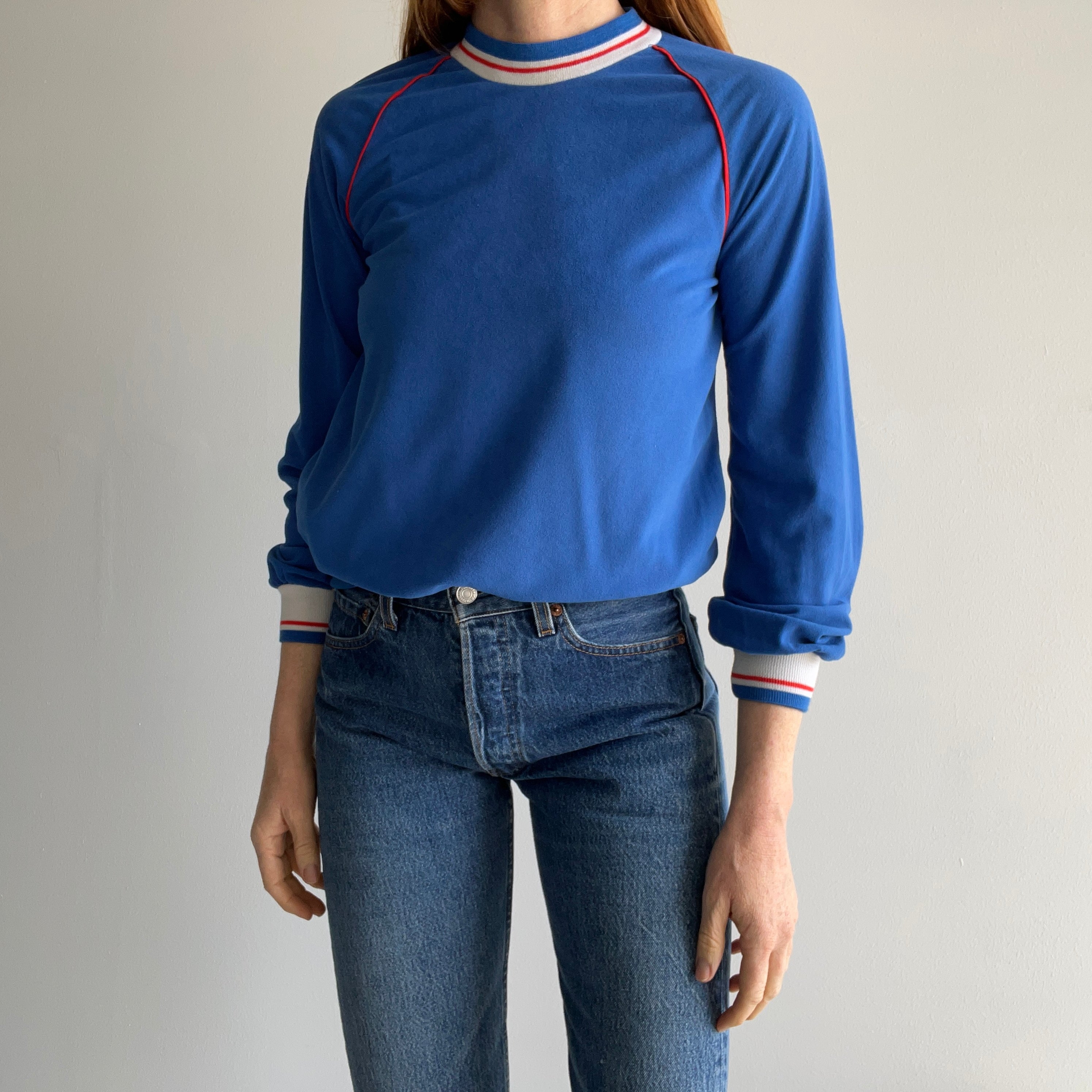 1980s Super Slouchy and Lightweight Red. White and Blue Sweatshirt/Shirt Top