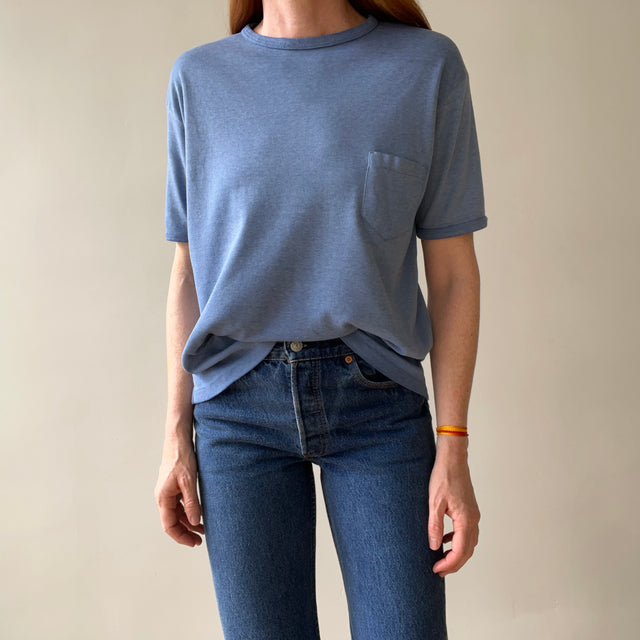 1970s Blank Faded Blue Pocket Ringer T Shirt - Cotton Knit