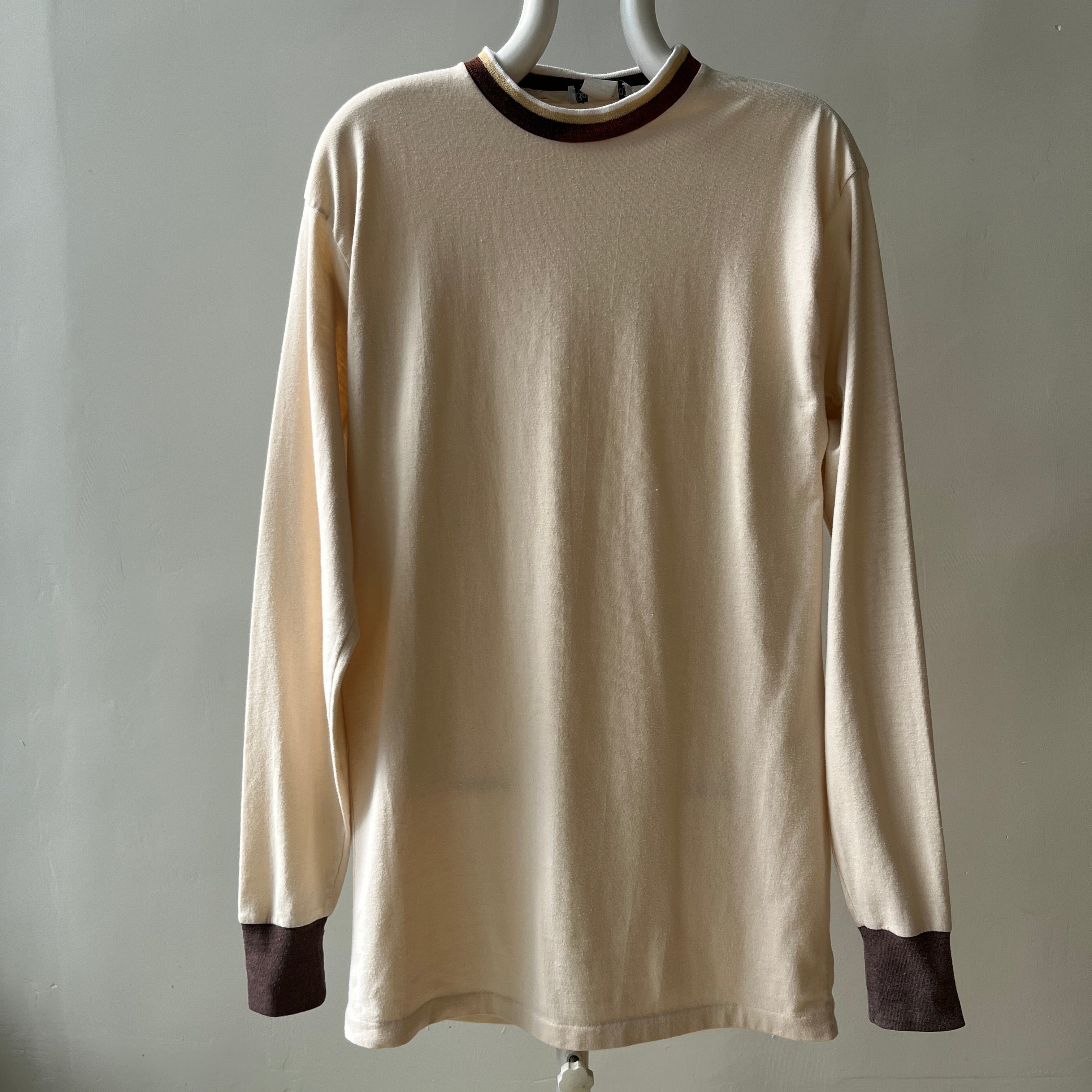 1970s Natural White Extra Long Long Sleeve T-Shirt with Contrasting Collar and Cuffs