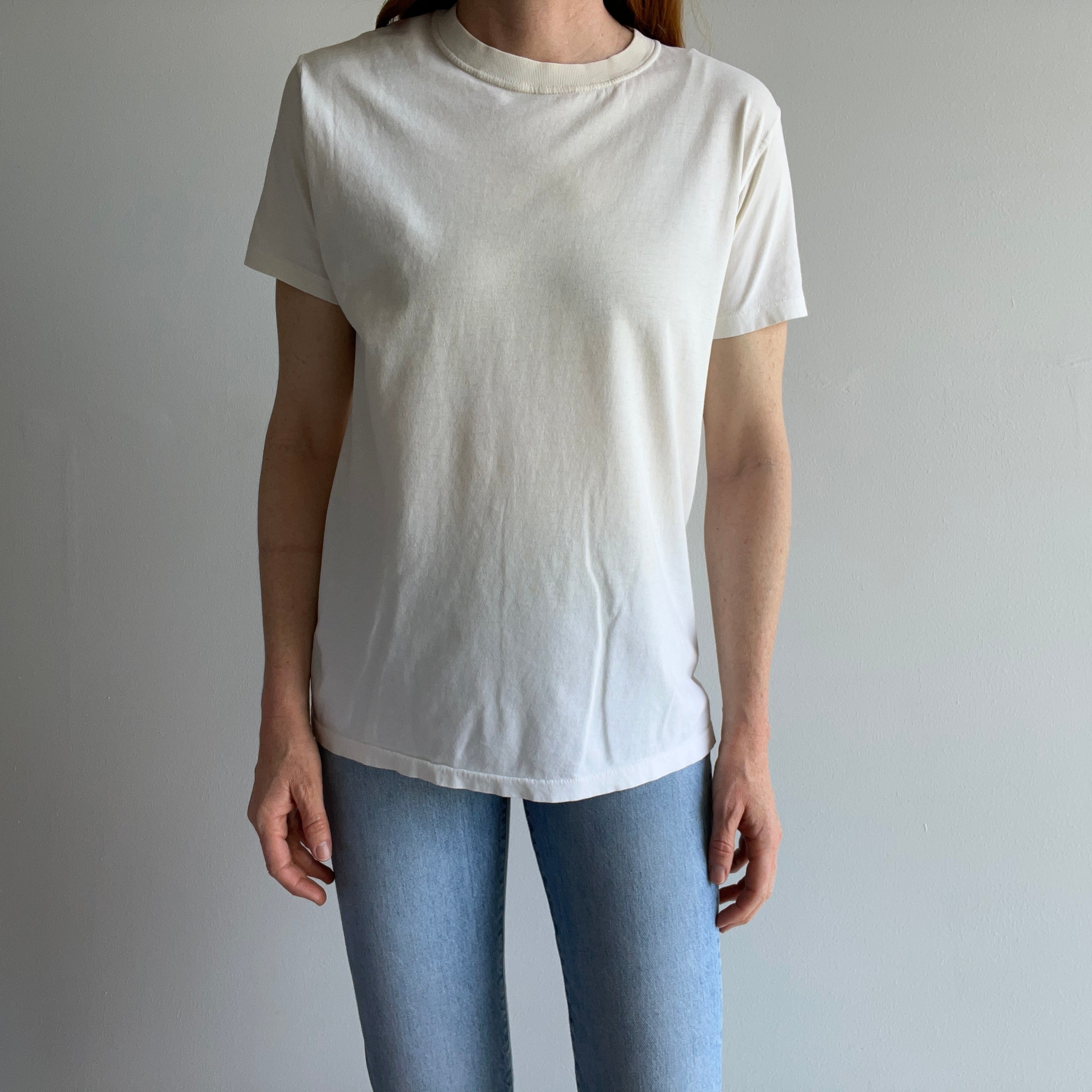 1990s Ecru From Age Staining Super Soft Calvin Klein Blank Off White T-Shirt