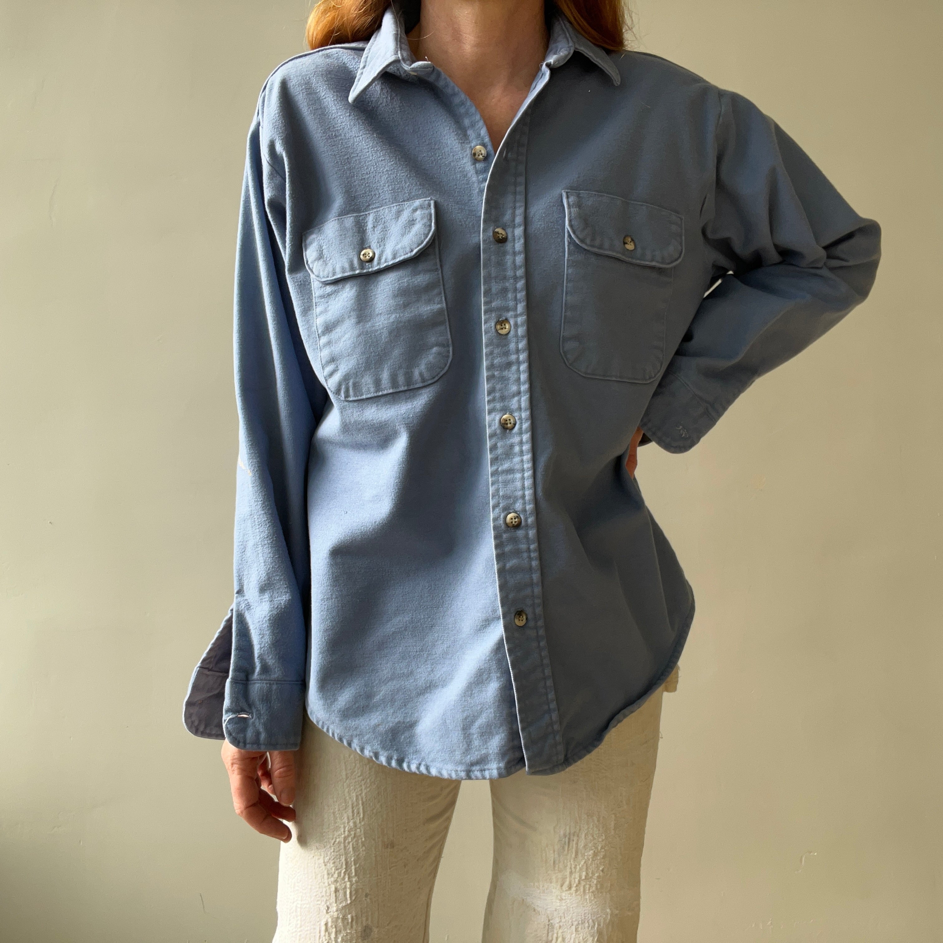 1980s Baby Blue Heavy Button Up Shirt by Five Brothers