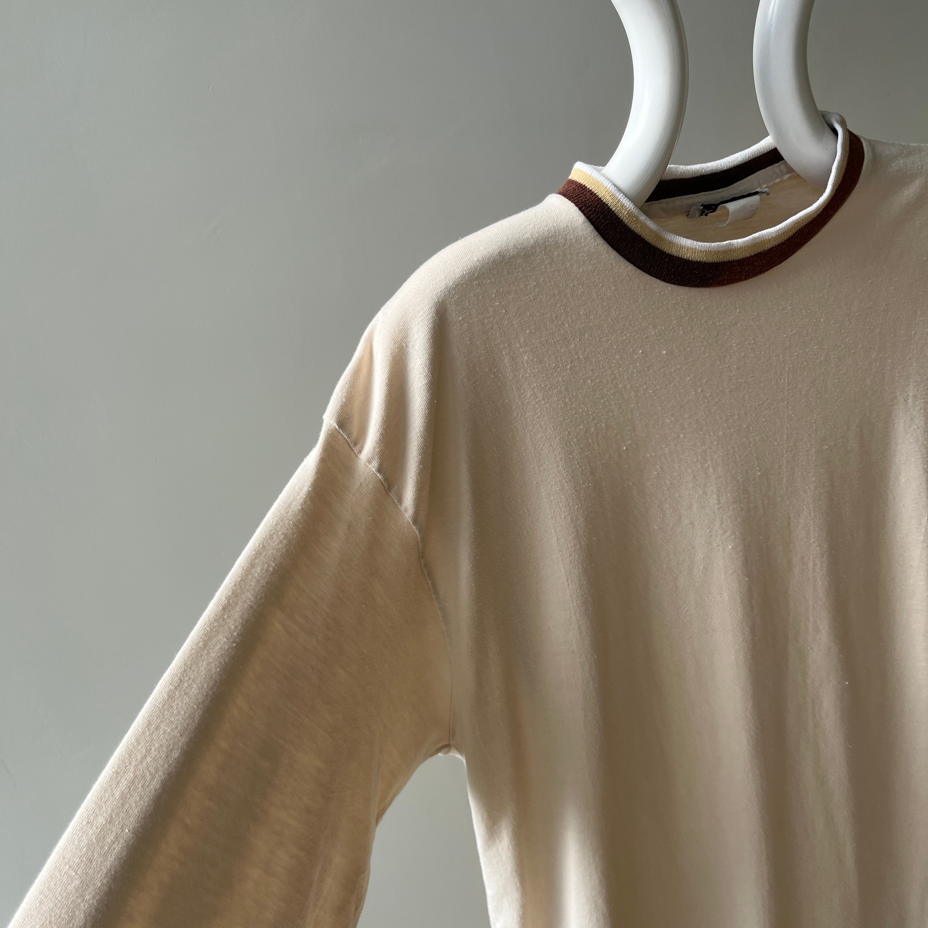 1970s Natural White Extra Long Long Sleeve T-Shirt with Contrasting Collar and Cuffs