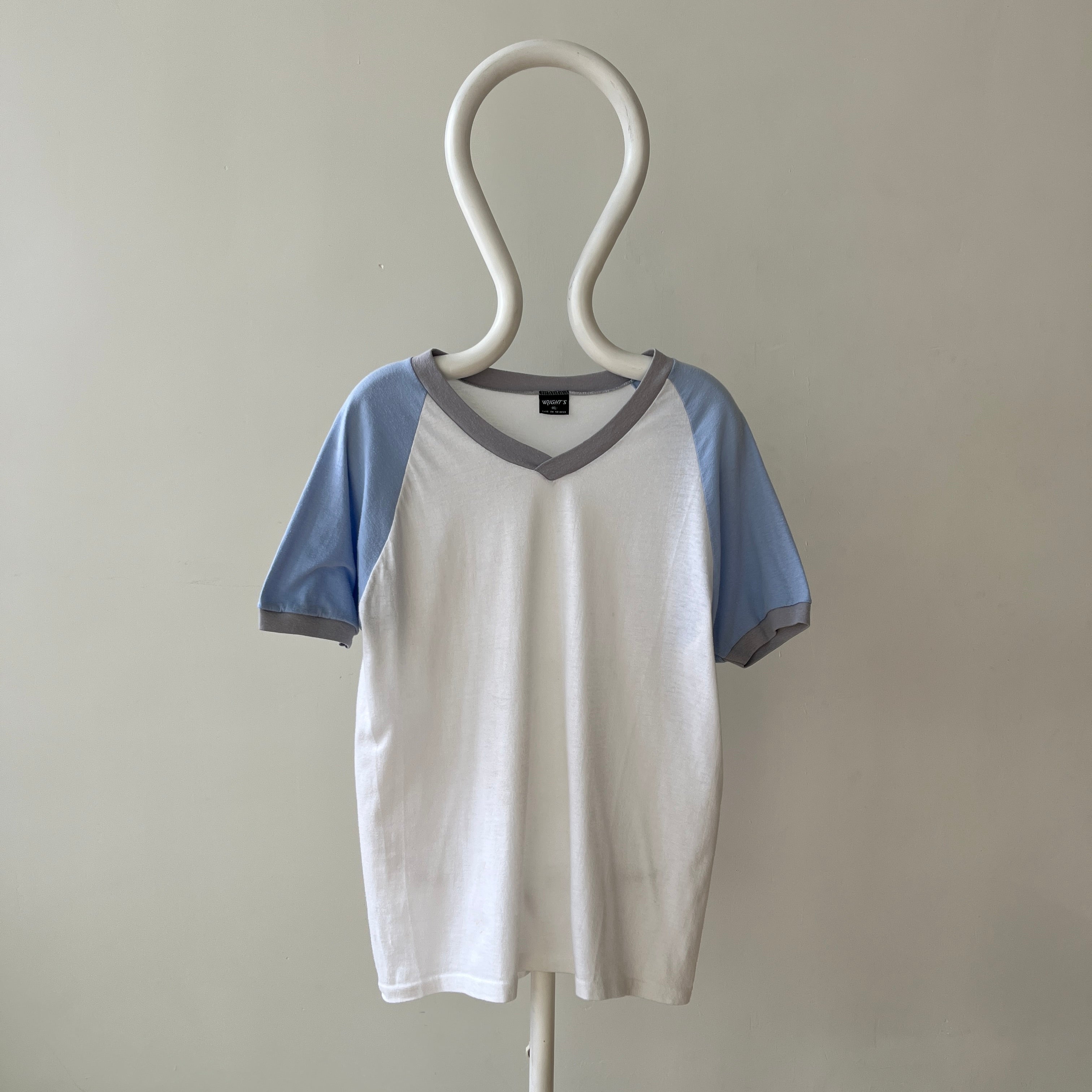 1980s Baby Blue And White Raglan Sleeve T Shirt