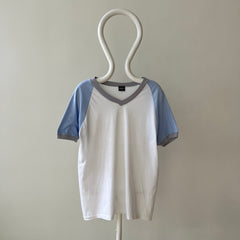 1980s Baby Blue And White Raglan Sleeve T Shirt