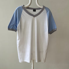 1980s Baby Blue And White Raglan Sleeve T Shirt