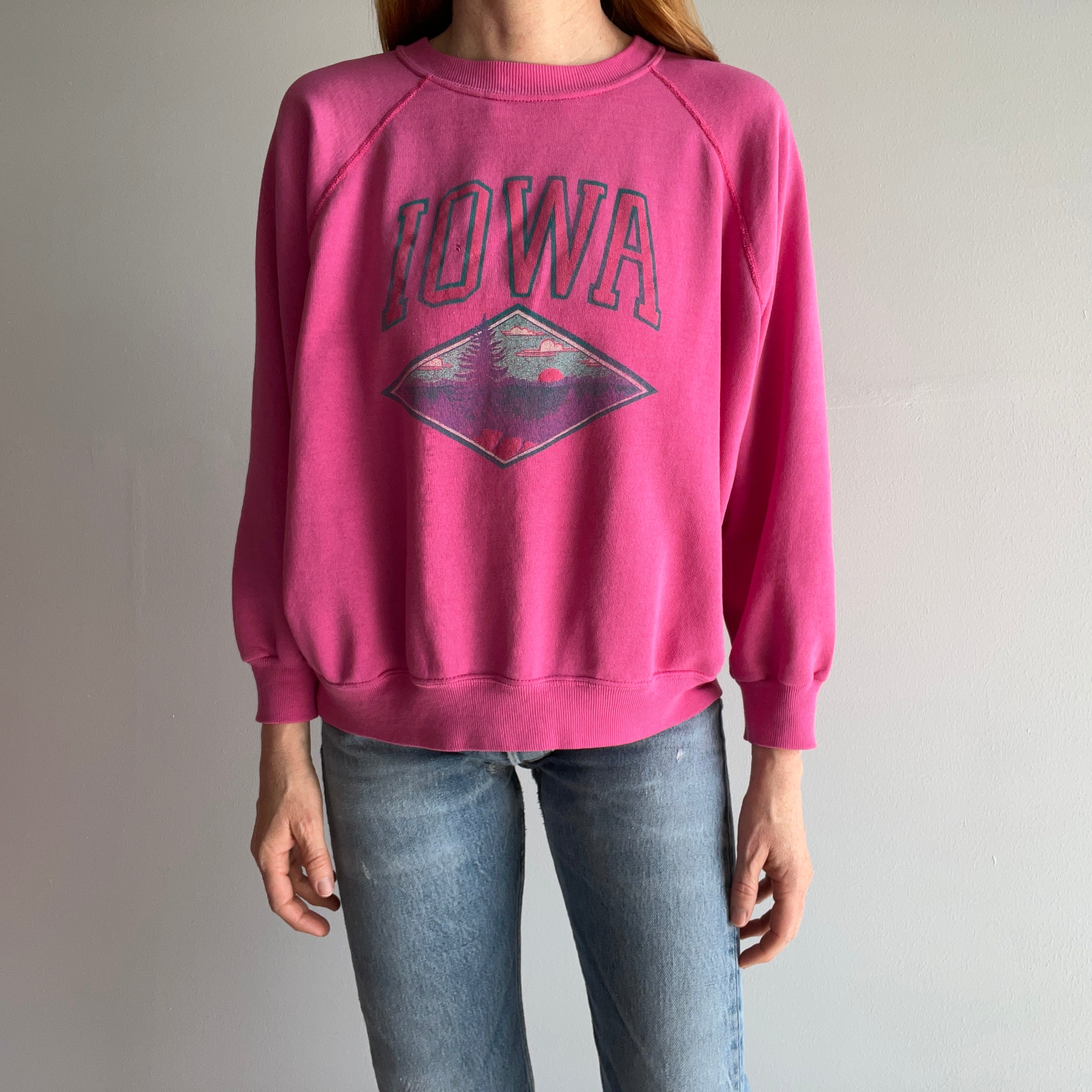 1980s Super Soft, Thin and Slouchy Pink Iowa Sweatshirt