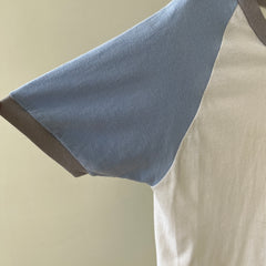1980s Baby Blue And White Raglan Sleeve T Shirt