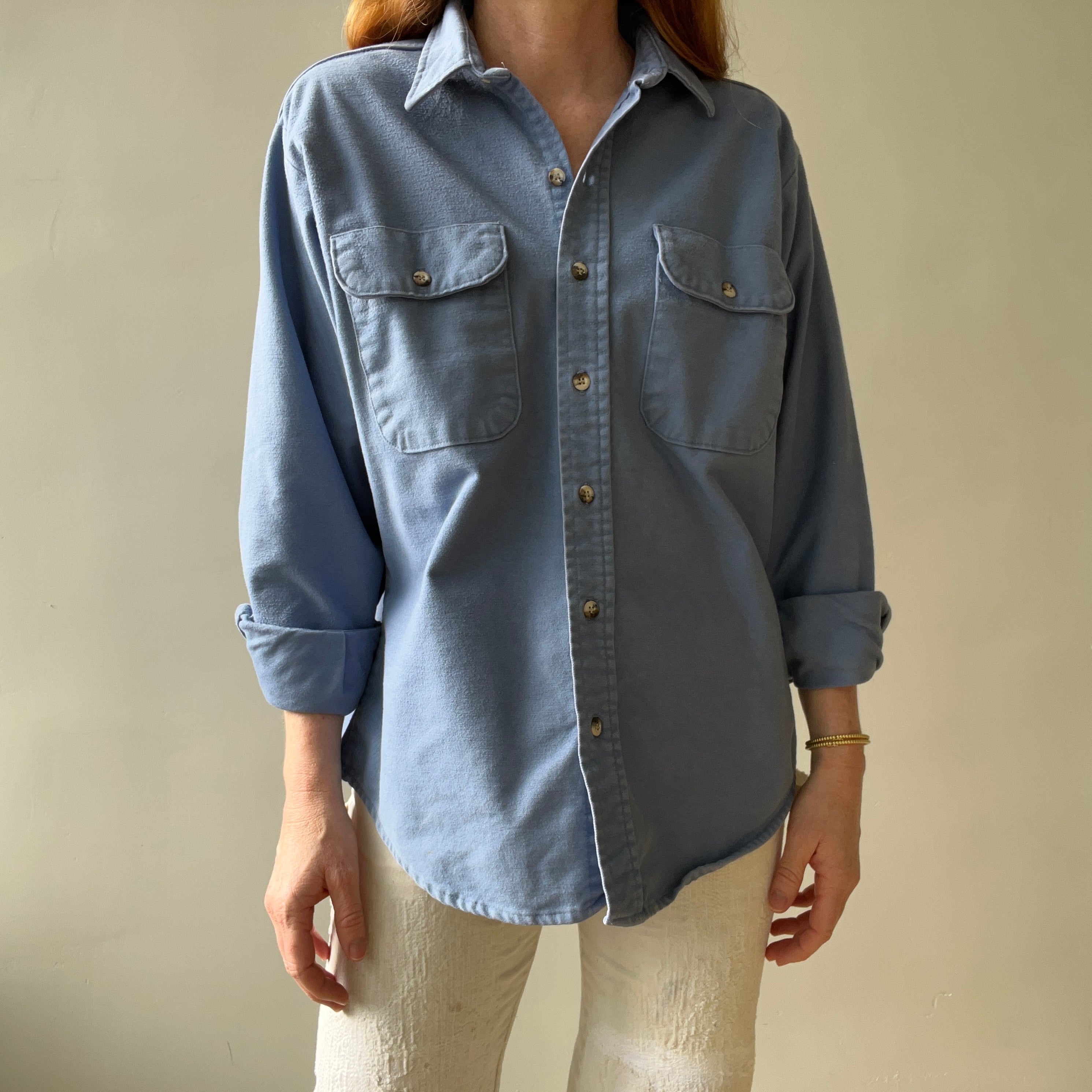 1980s Baby Blue Heavy Button Up Shirt by Five Brothers