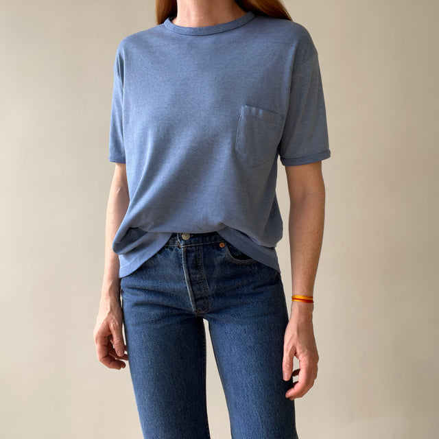 1970s Blank Faded Blue Pocket Ringer T Shirt - Cotton Knit