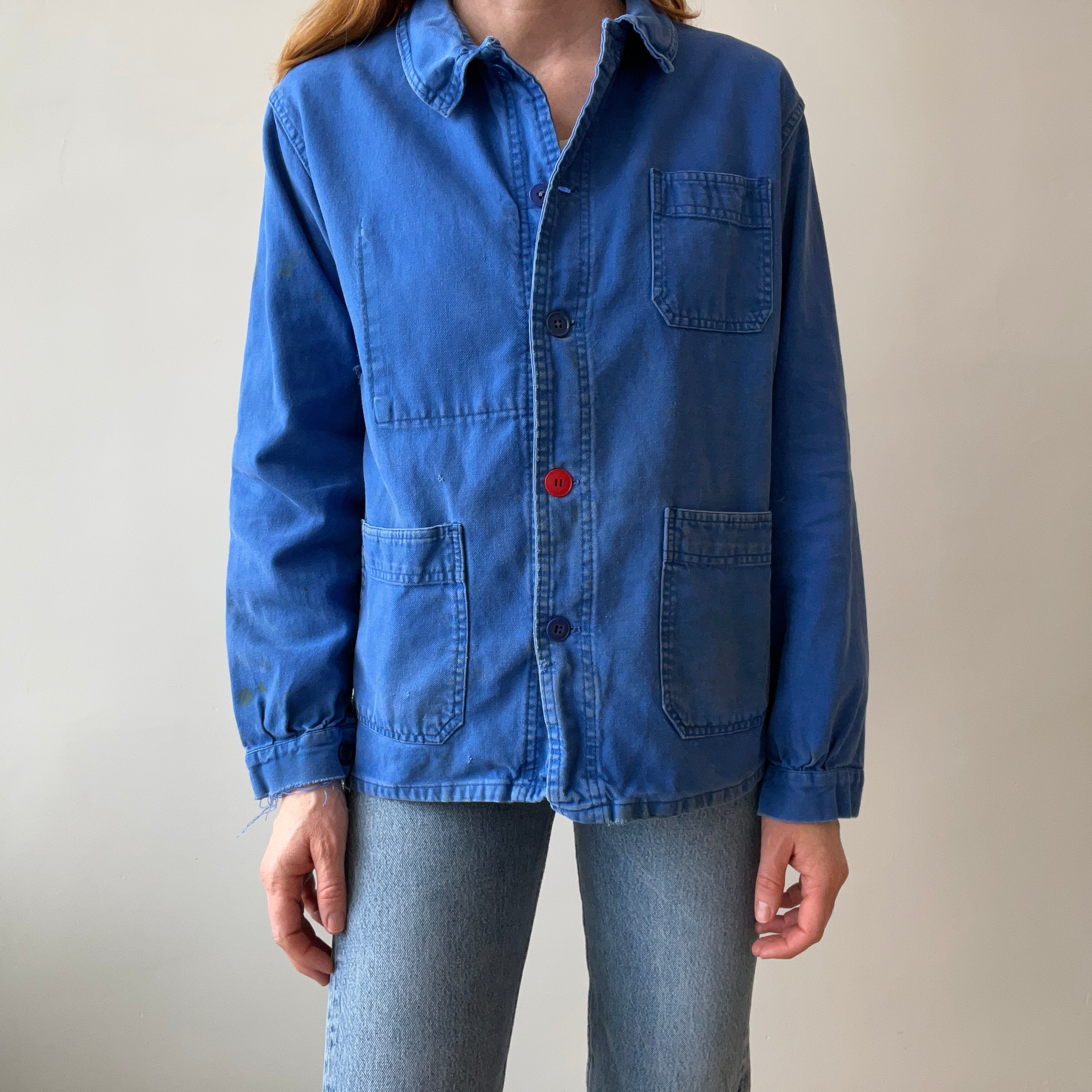 1980s Classic Chore Coat with a Single Red Button - Thrashed