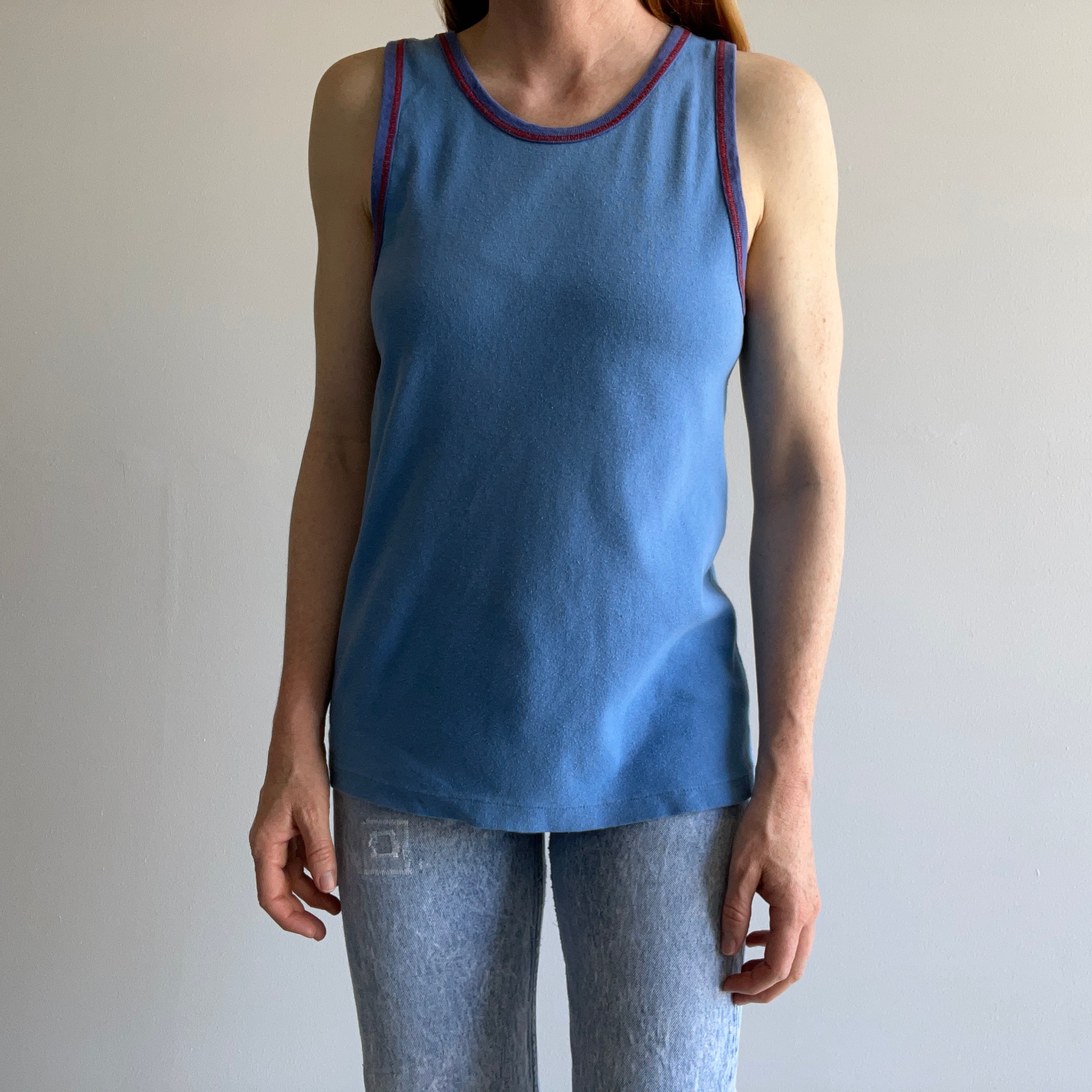 1970s Soft Knit Cotton Tank with Red Contrast Stitching