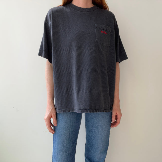 1990s Marlboro Gray and Black Striped Pocket T-Shirt