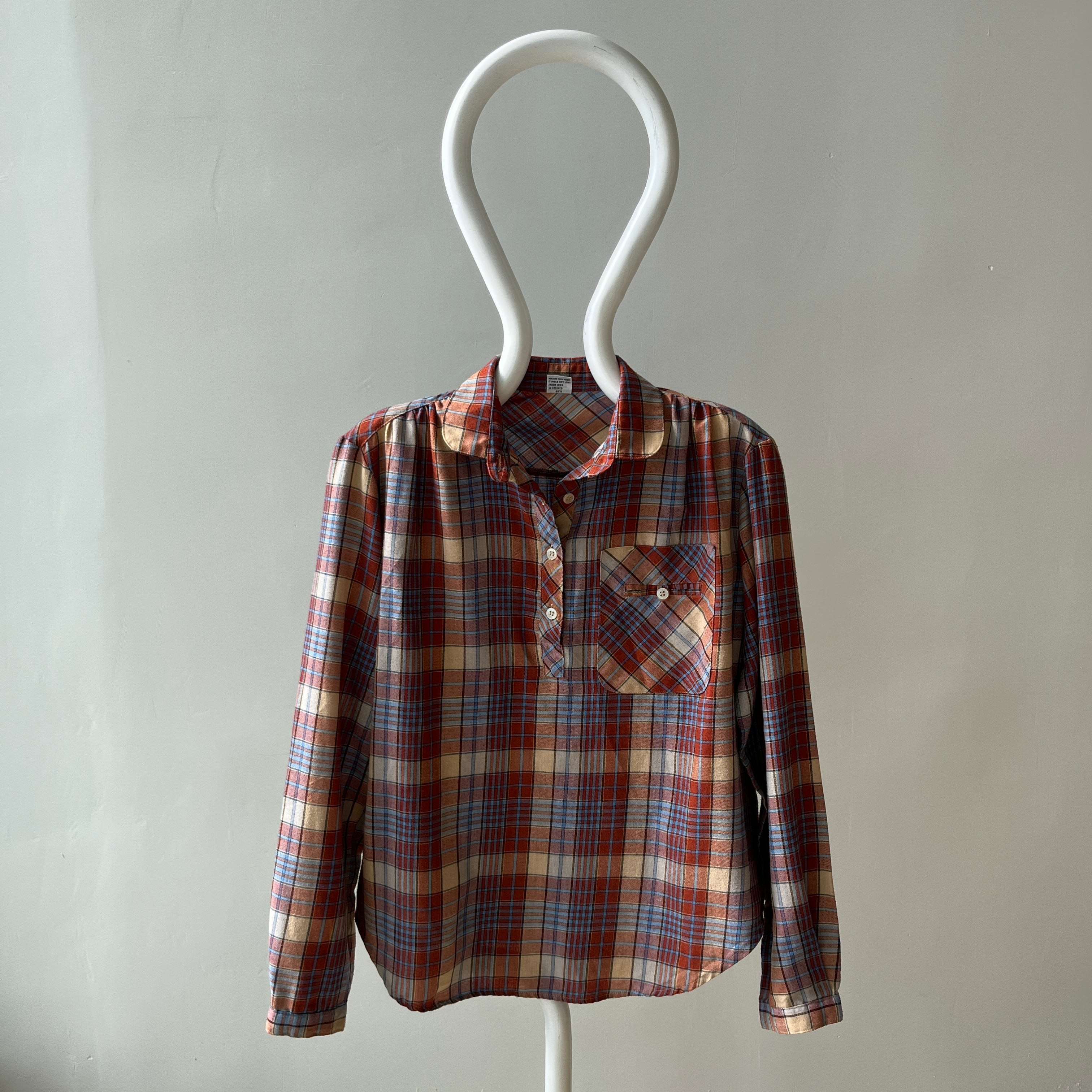 1970s Sweetest Henley Collared Plaid Shirt