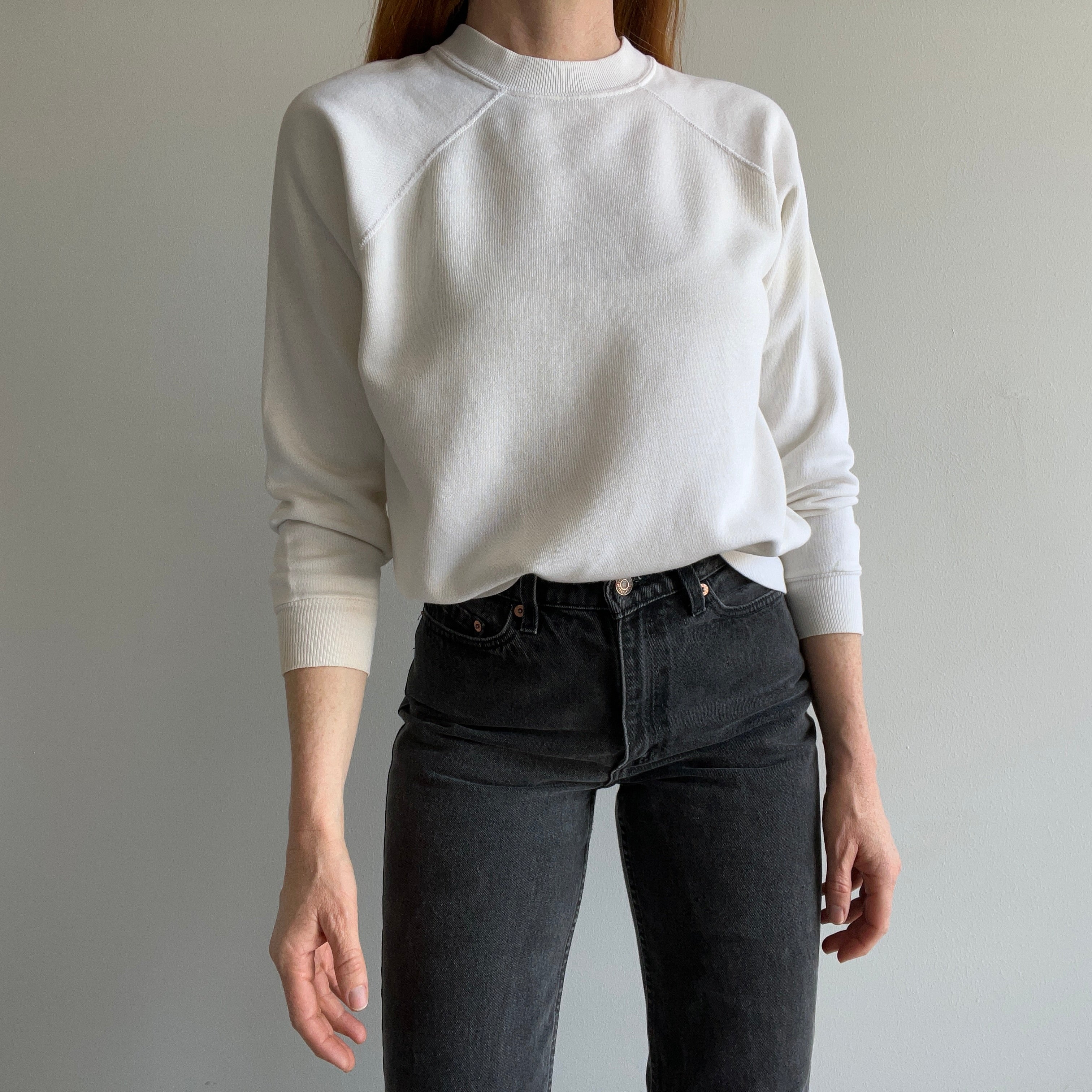 1980s Blank White Age Stained Raglan Sweatshirt