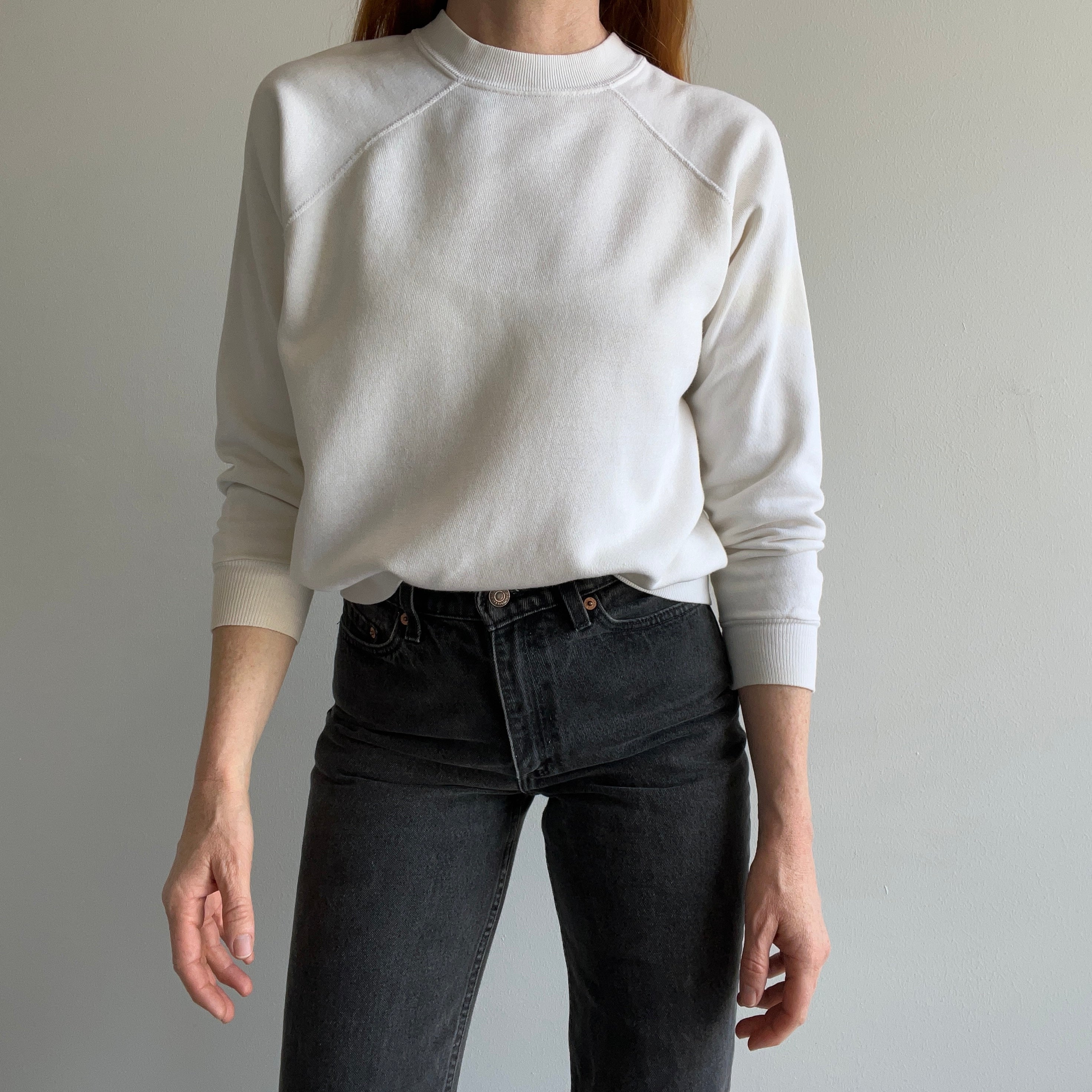 1980s Blank White Age Stained Raglan Sweatshirt