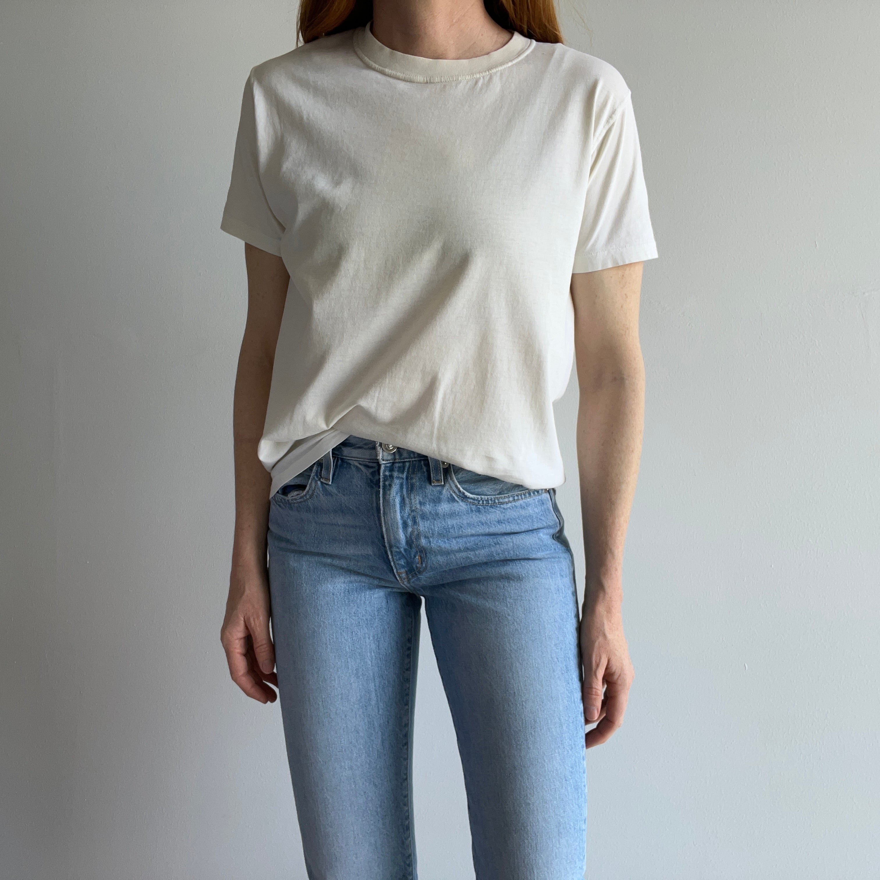 1990s Ecru From Age Staining Super Soft Calvin Klein Blank Off White T-Shirt