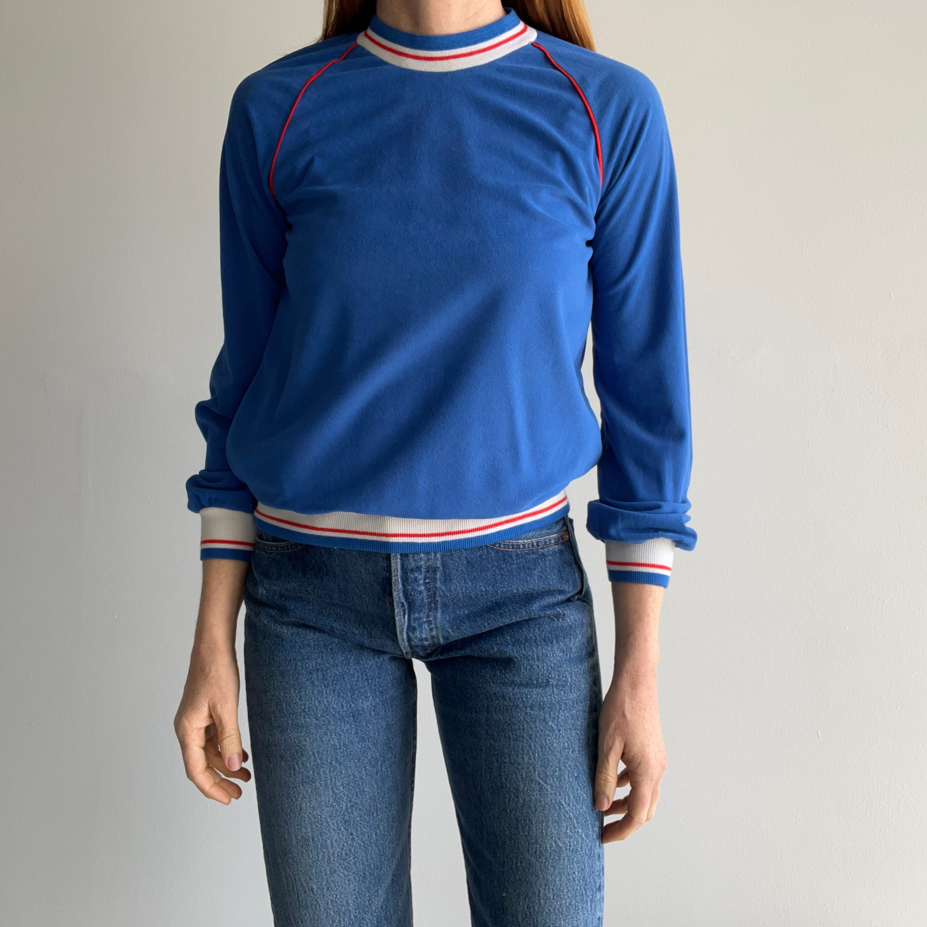 1980s Super Slouchy and Lightweight Red. White and Blue Sweatshirt/Shirt Top