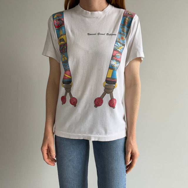 1980s Unexso Grand Bahama Super Thinned Out Suspender Front and Back T-Shirt