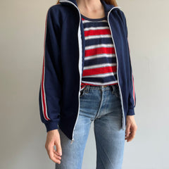 1970s Navy Zip Up with Red and White Sleeve Stripes by Kings Road