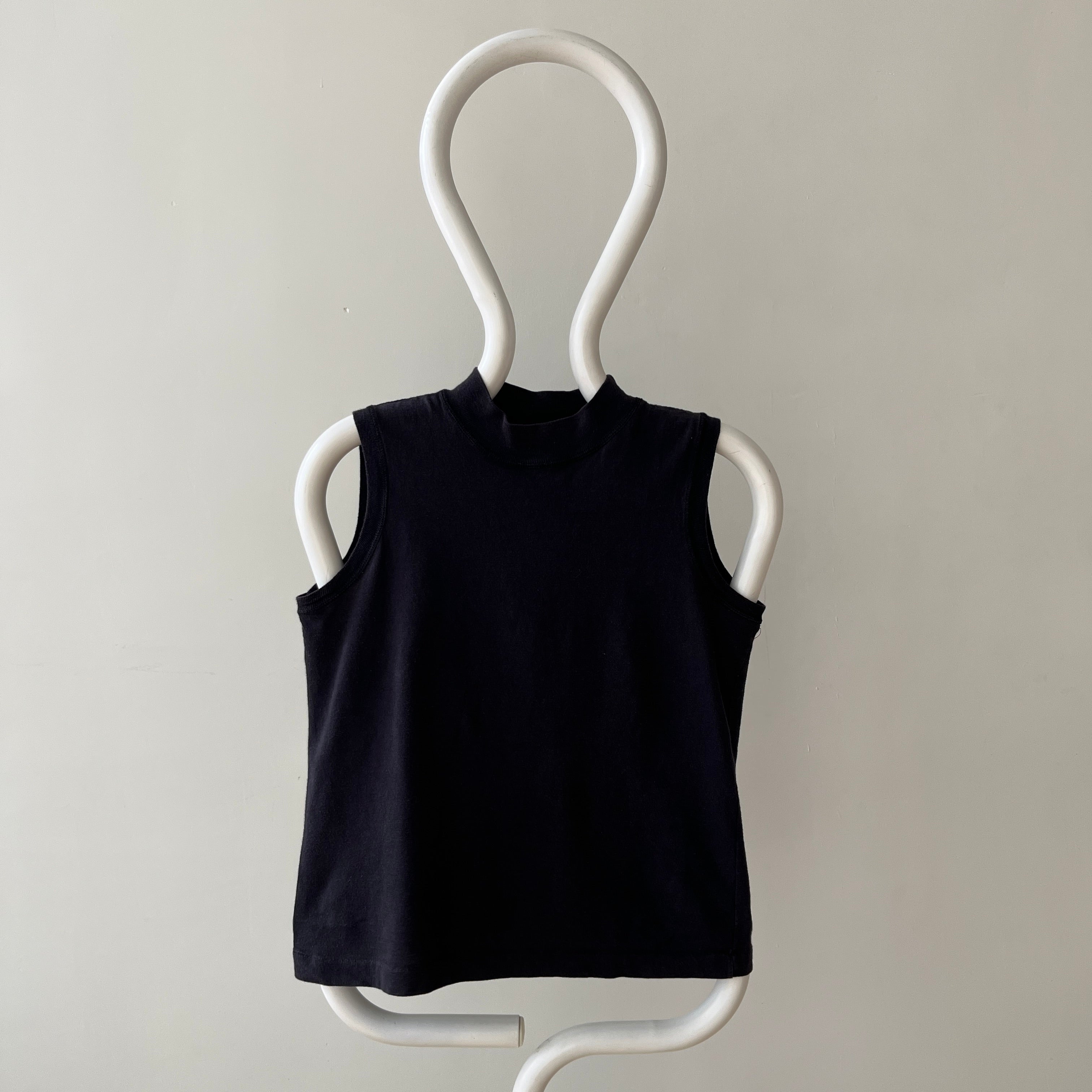 1980s Blank Black Mock Neck Muscle T Shirt