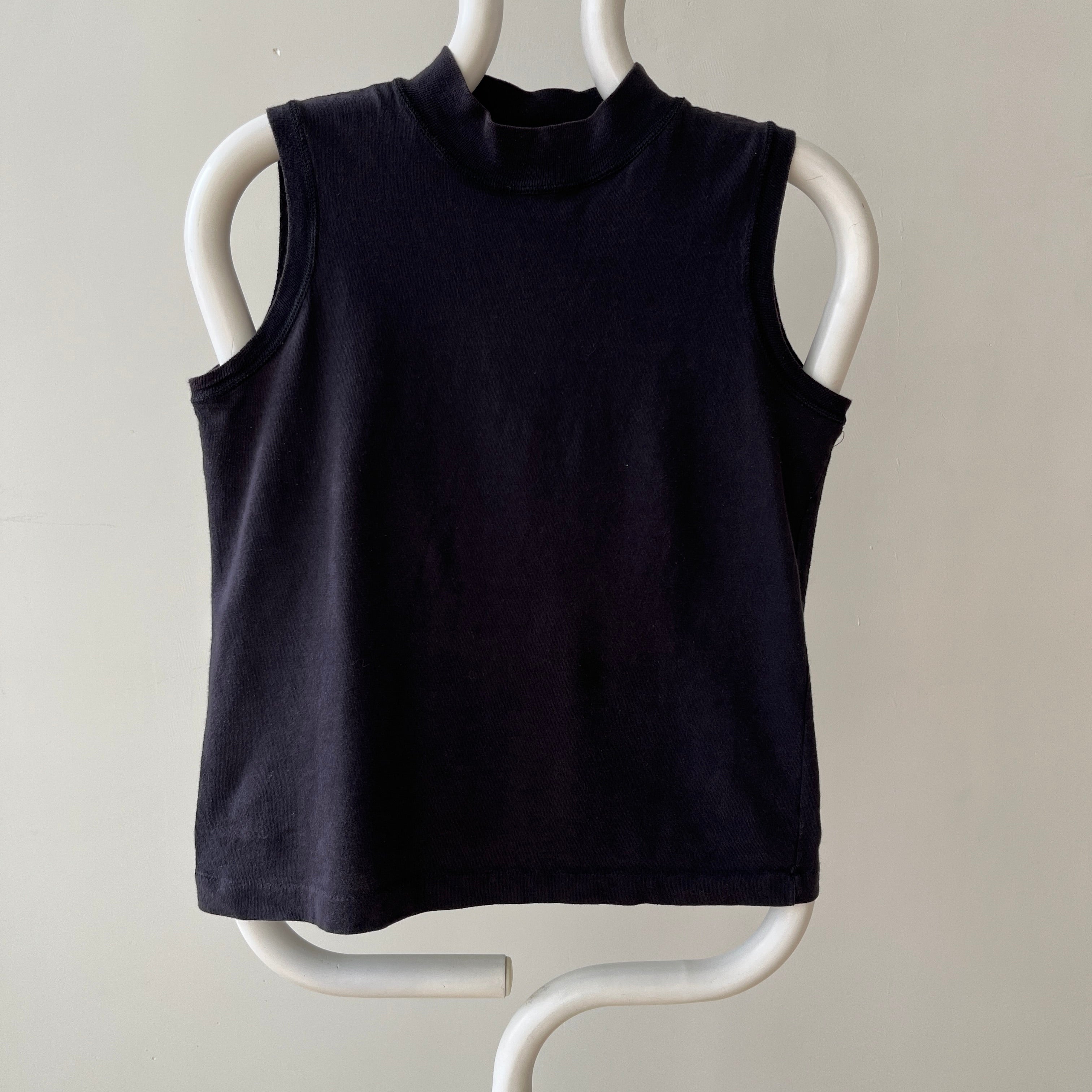 1980s Blank Black Mock Neck Muscle T Shirt