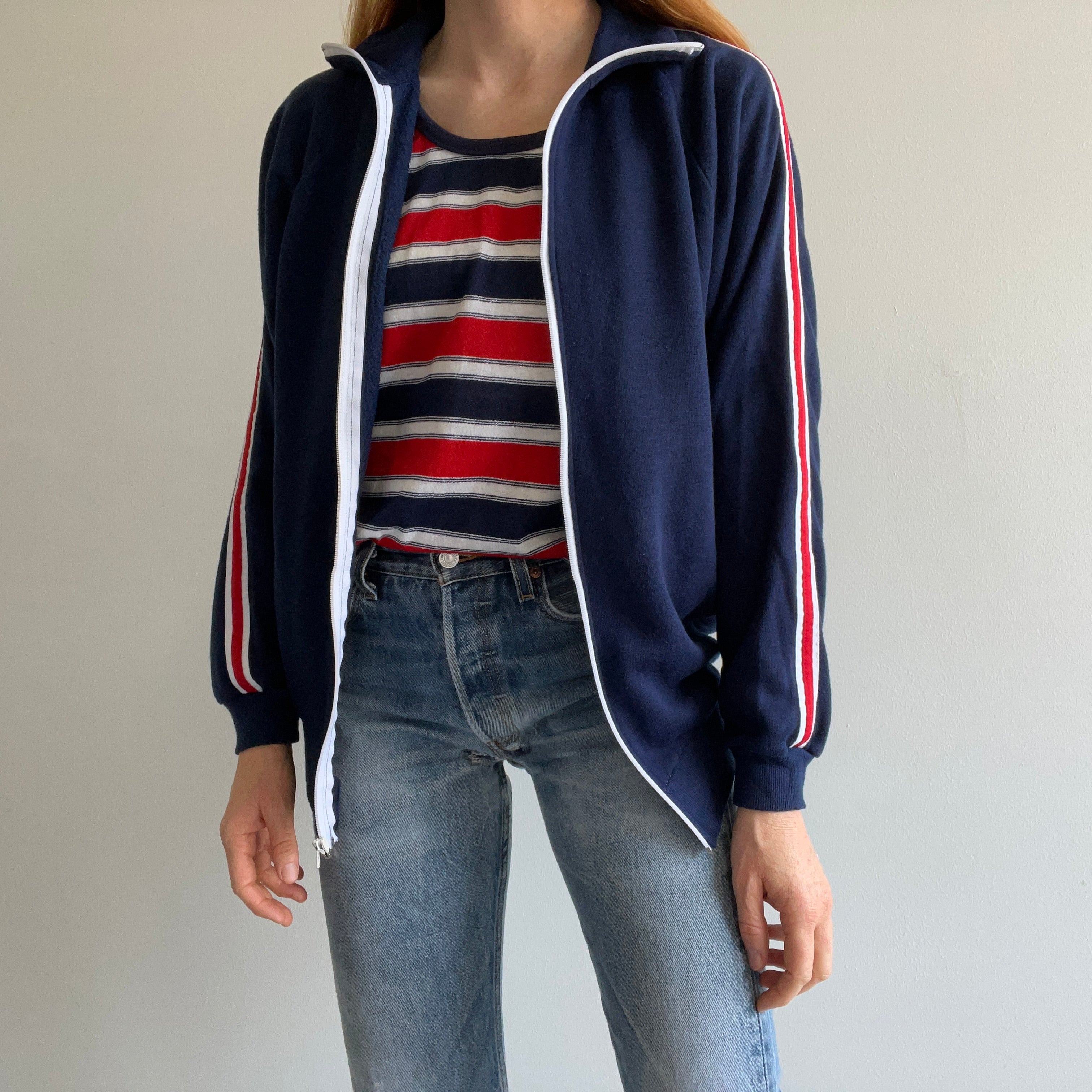 1970s Navy Zip Up with Red and White Sleeve Stripes by Kings Road