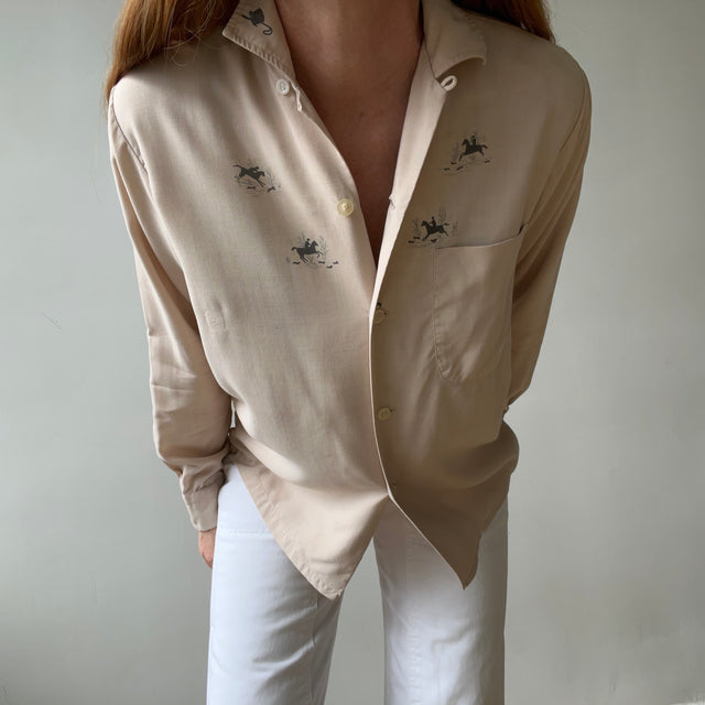 1950s Tan Rayon Loop Collar Horse Button Up Shirt - TINA COLLECTION