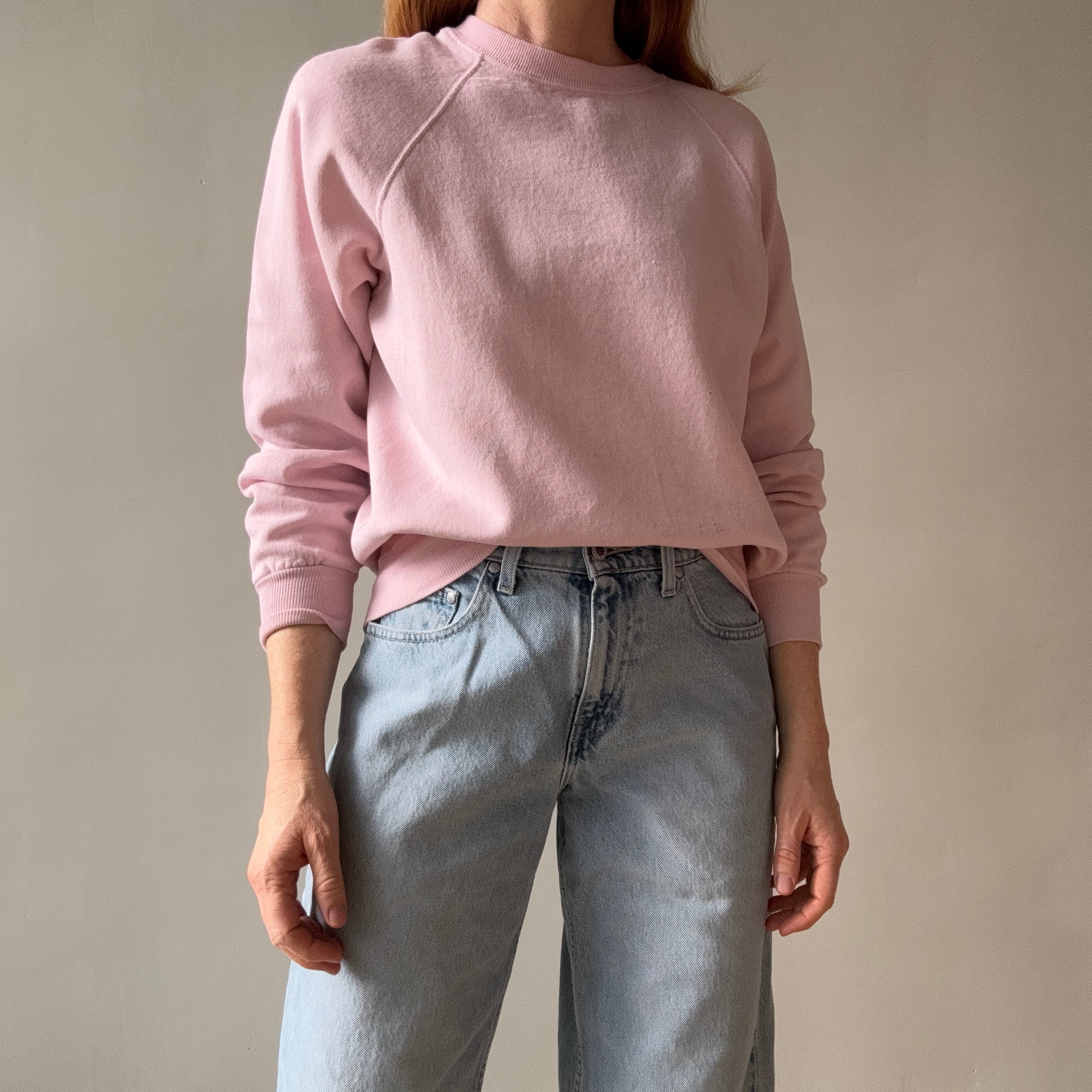 1980s Super Thinned Out Faded Pale Pink Raglan Sweatshirt - Did I say Thin?