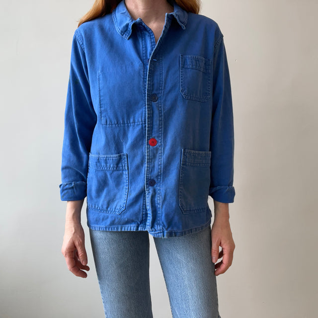 1980s Classic Chore Coat with a Single Red Button - Thrashed