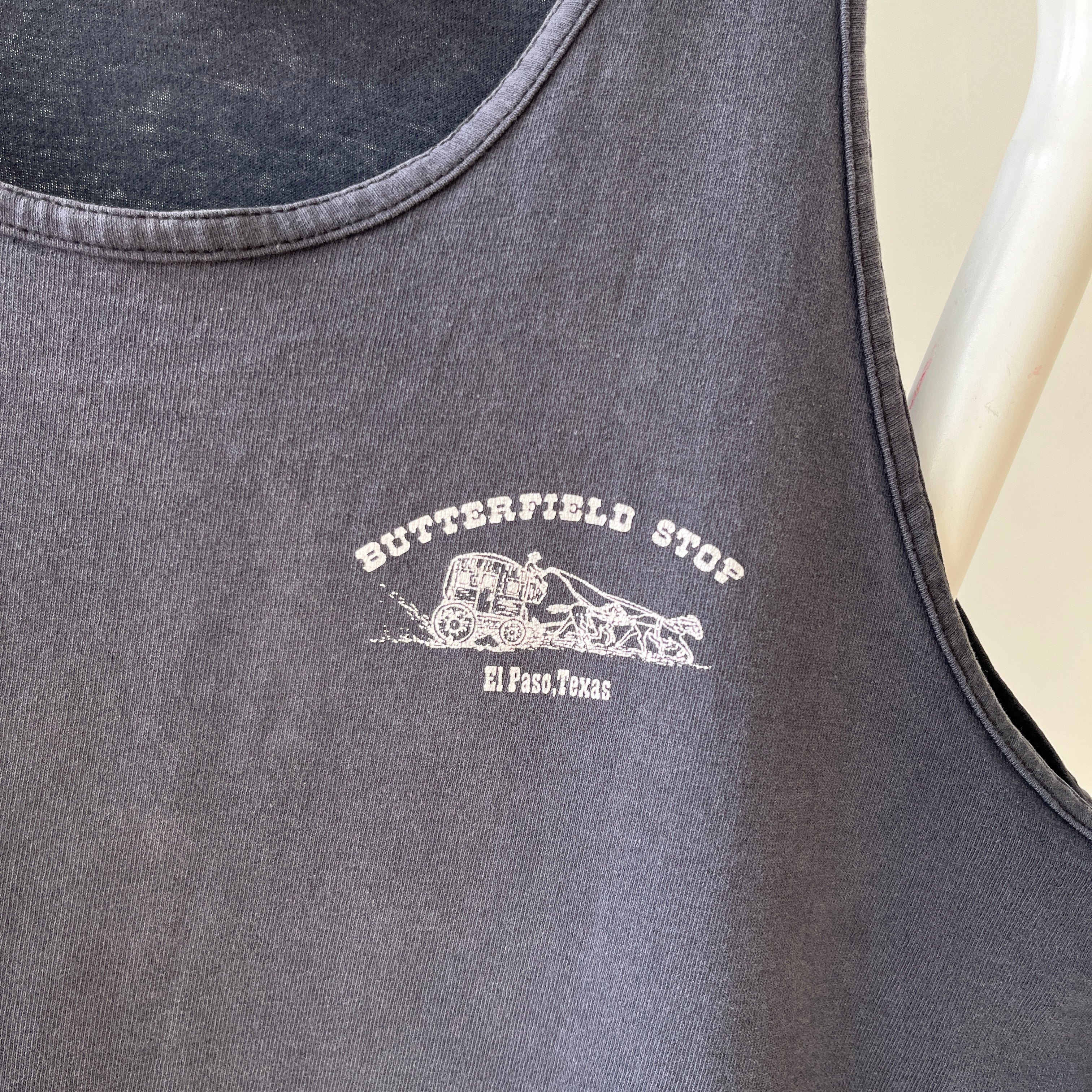 1990s Faded Black Butterfield Stop El Paso, Texas Tank Top