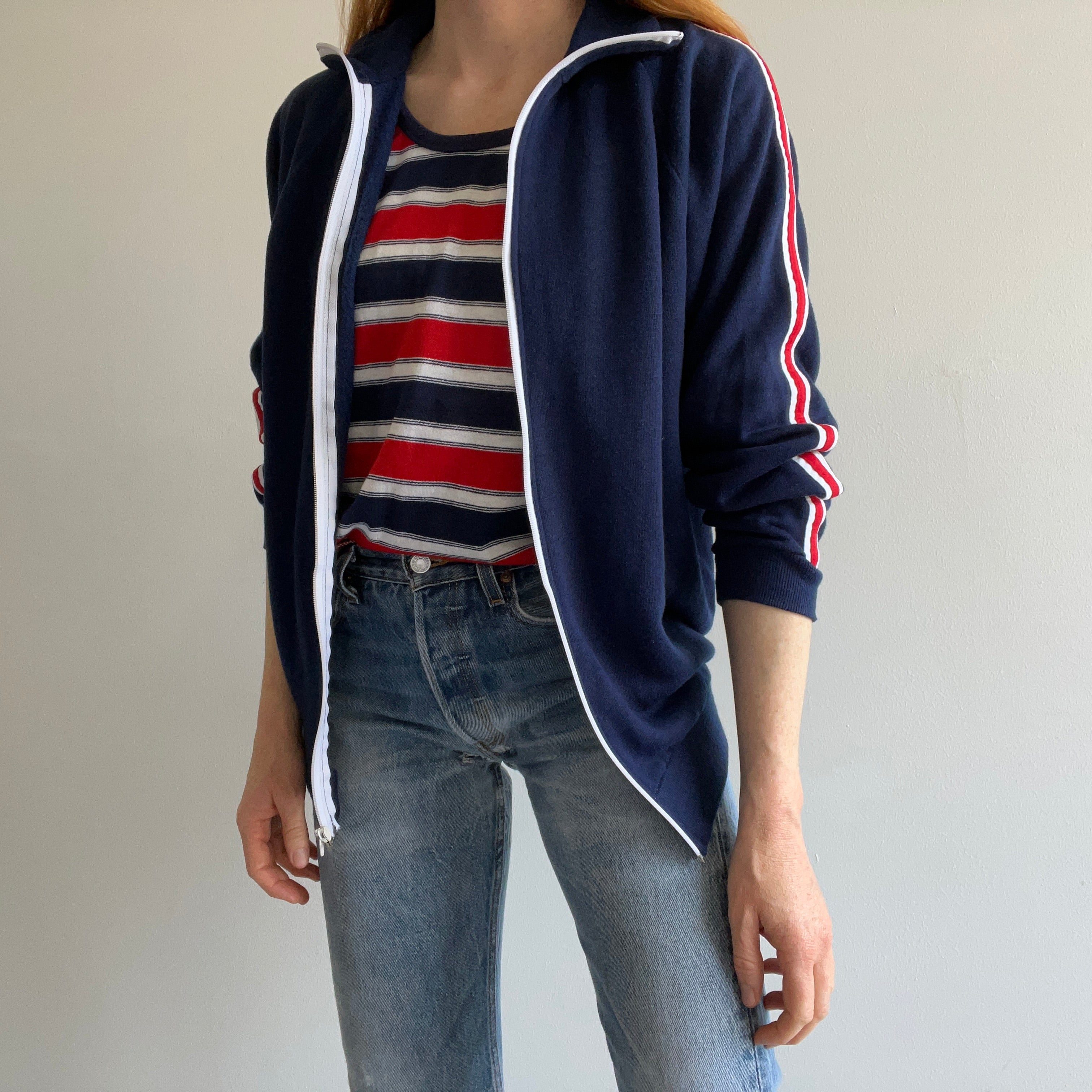 1970s Navy Zip Up with Red and White Sleeve Stripes by Kings Road