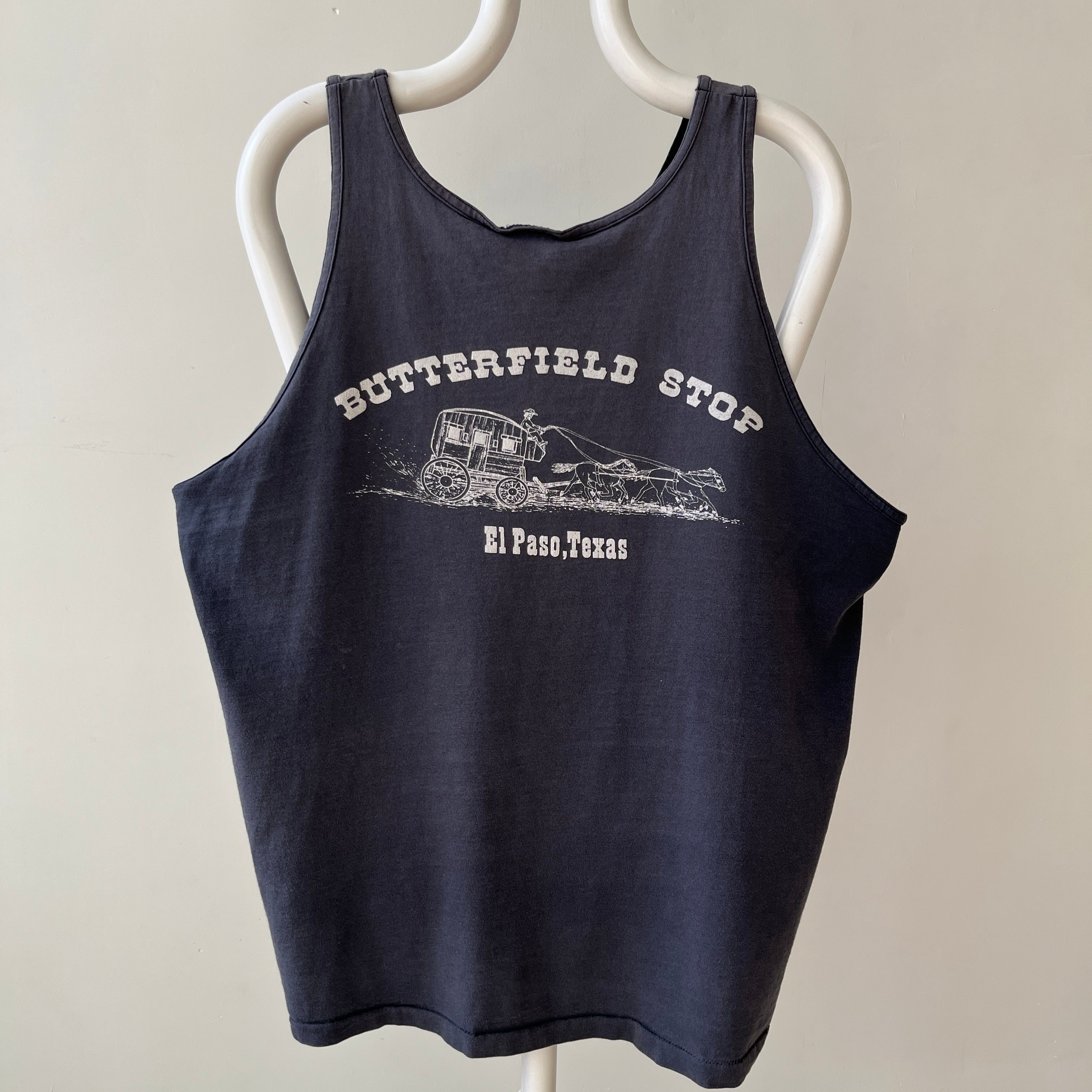 1990s Faded Black Butterfield Stop El Paso, Texas Tank Top