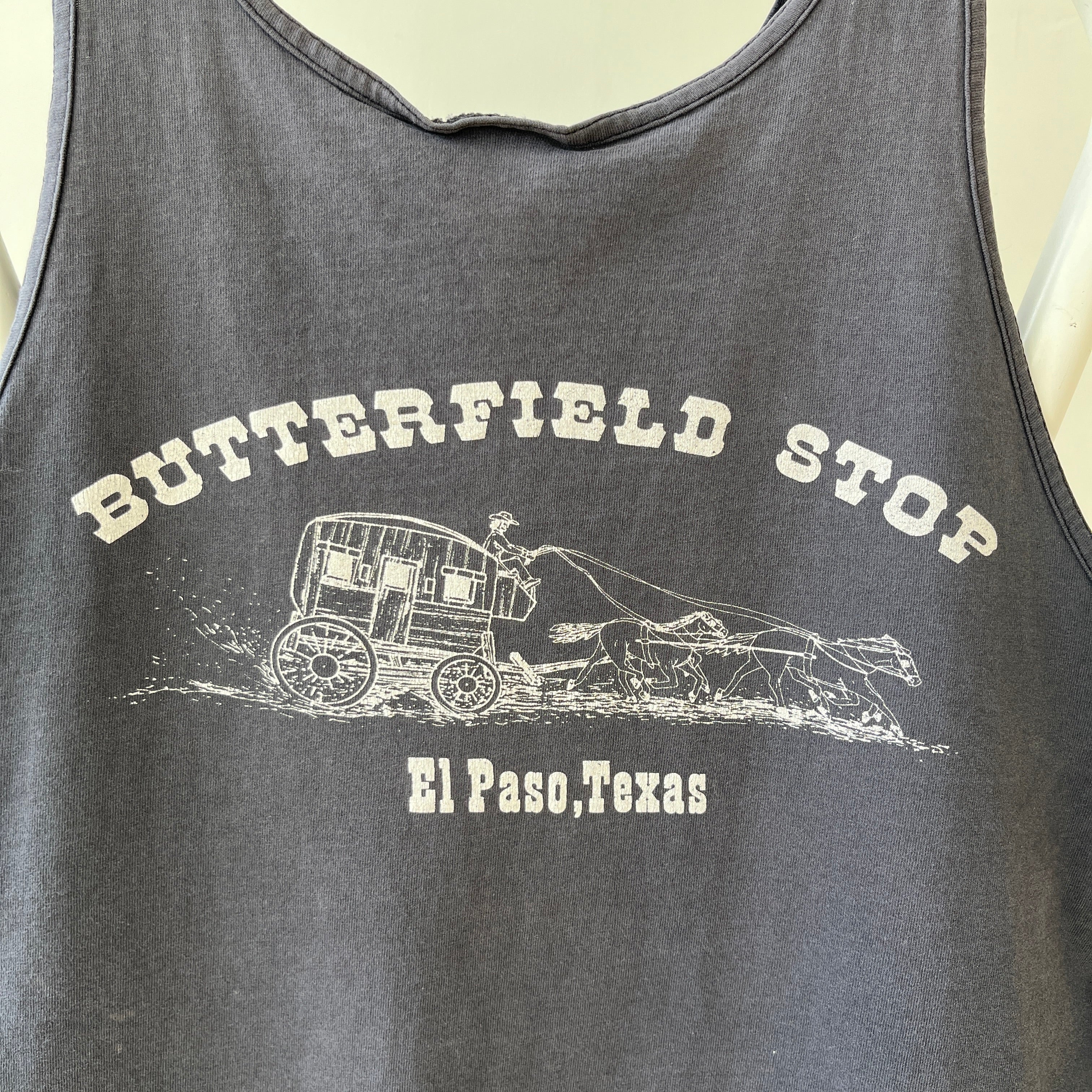 1990s Faded Black Butterfield Stop El Paso, Texas Tank Top