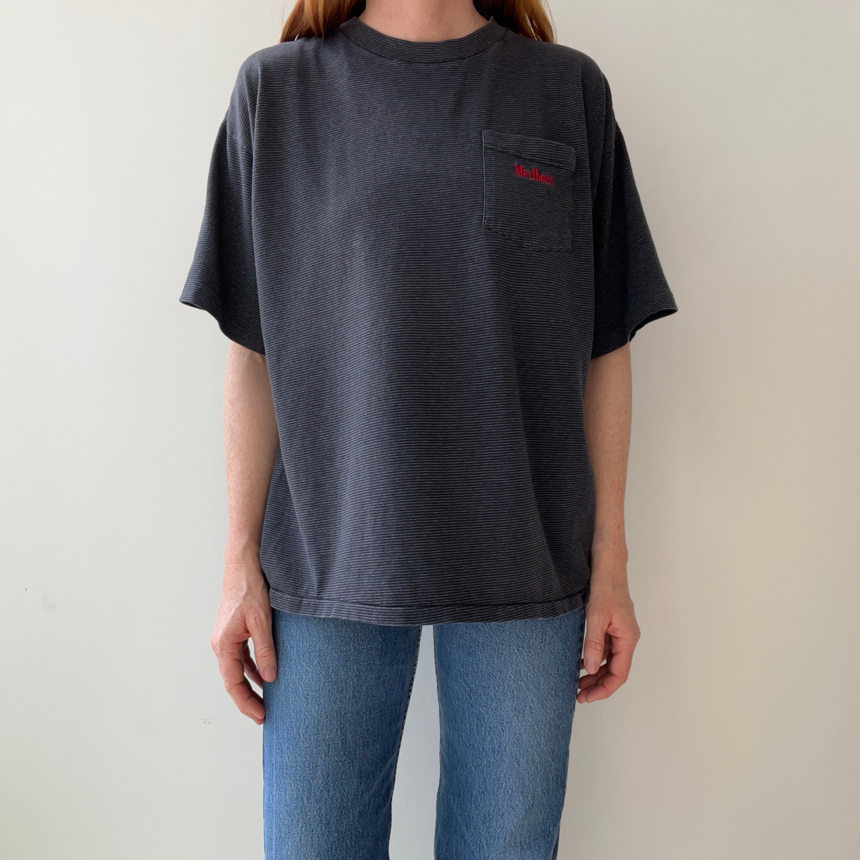 1990s Marlboro Gray and Black Striped Pocket T-Shirt