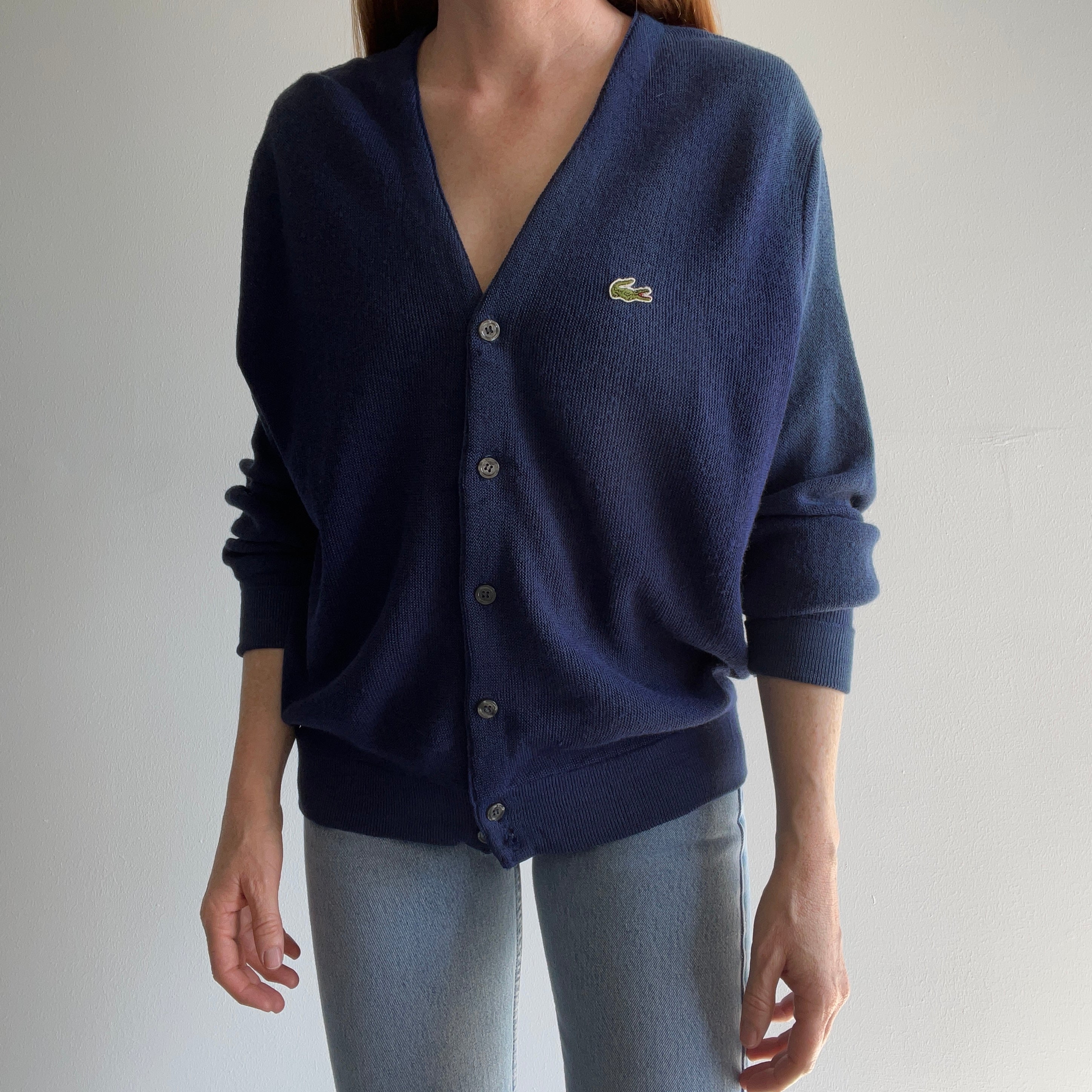 1960s Izod Lacoste Sun Faded Beyond!! Navy Cardigan with Hand